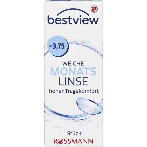 BestView weiche Monatslinse -3.75: Цвет: https://www.rossmann.de/de/gesundheit-bestview-weiche-monatslinse--375/p/4719879669800
Produktbeschreibung und details Durch das besonders weiche und sauerstoffdurchlssige Material der Monatslinse wird kaum Eingewhnungszeit bentigt Sie wurde fr den tglichen Gebrauch entwickelt und dient zum monatlichen Austausch Die Kanten der Monatslinse wurden speziell fr einen hohen Tragekomfort entwickelt Dadurch bleibt die Sehschrfe auch an den Rndern der Linse optimal hoher Tragekomfort  Stck Kontaktdaten Dirk Rossmann GmbH Isernhgener Strae   Burgwedel wwwrossmannde Gebrauch Aufbewahrung und Verwendung Aufbewahrungs und Verwendungsbedingungen Empfohlene Lagerung bei Raumtemperatur Inhaltsstoffe  sterile weiche getnte Kontaktlinse  Methafilcon A  HO in gepufferter Kochsalzlsung Warnhinweise und wichtige Hinweise Warnhinweise Nicht verwenden bei beschdigter Linsenverpackung Gehen Sie mit Ihren Linsen bitte regelmig zu einer augenrztlichen Kontrolle Folgen Sie den Anweisungen Ihres Kontaktlinsenanpassers auch bezglich der tglichen Tragedauer Die Tragedauer von  Wochen nicht berschreiten Schlafen Sie nicht mit eingesetzter Linse Bitte beachten Sie die beiliegende Gebrauchsinformation