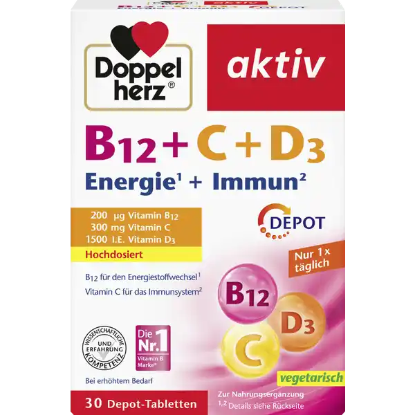 Doppelherz aktiv B12 + C + D3 Energie + Immun Depot: Цвет: https://www.rossmann.de/de/gesundheit-doppelherz-aktiv-b12--c--d3-energie--immun-depot/p/4009932131888
Produktbeschreibung und details Fr die Gesundheit spielt eine ausreichende Versorgung mit Nhrstoffen eine wichtige Rolle Der Krper kann Vitamin B nicht selbst bilden weshalb es ber die Nahrung aufgenommen werden muss Bestimmte Vitamine kann der Krper nicht lange speichern Werden z B groe Mengen an Vitamin C mit einem Mal aufgenommen scheidet der Krper einen Teil ungenutzt wieder aus Vitamin D kann unser Krper durch die regelmige Einwirkung von Sonnenlicht auf die Haut selbst bilden Diese Eigenproduktion reicht in unseren Breitengraden jedoch in Abhngigkeit von der Jahreszeit und den Lebensumstnden hufig nicht aus Doppelherz Vitamin B  C  D DEPOT enthlt Vitamin B fr den Energiestoffwechsel in Kombination mit Vitamin C und Vitamin D zur Untersttzung der normalen Funktion des Immunsystems So kann eine gute Vitaminversorgung bei erhhtem Bedarf einer unausgewogenen Ernhrung oder bei nachlassender Vitamin BVerwertung im Alter untersttzt werden Vitamin B trgt zu einem normalen Energiestoffwechsel bei in Kombination mit Vitamin C und Vitamin D zur Untersttzung der normalen Funktion des Immunsystems Vitamin B trgt zur Verringerung von Mdigkeit  Erschpfung bei Vitamin B C und D untersttzen eine normale Funktion des Immunsystems DepotTablette mit zeitversetzter Freigabe lactosefrei glutenfrei gelantinefrei fr Vegetarier geeignet Lebensmittelunternehmer Name Queisser Pharma GmbH ampamp Co KG Adresse Schleswiger Str   Flensburg DEUTSCHLAND wwwdoppelherzde Rechtlich vorgeschriebene Produktbezeichnung Tabletten mit Vitamin B C und D Nahrungsergnzungsmittel Zutaten Fllstoff mikrokristalline Cellulose LAscorbinsure Fllstoff Dicalciumphosphat Fllstoff Hydroxypropylmethylcellulose modifizierte Strke Trennmittel Speisefettsuren Trennmittel Magnesiumsalze der Speisefettsuren Strke Trennmittel Talkum Trennmittel Siliciumdioxid Feuchthaltemittel Glycerin Farbstoff Eisenoxide und Eisenhydroxide Cyanocobalamin Cholecalciferol Nhrwerte Durchschnittliche Nhrwertangaben pro  Portion pro Tablette NRV Vitamin D  g   Vitamin C  mg   Vitamin B  g   Anwendung und Gebrauch Tglich  Tablette mit ausreichend Flssigkeit zu einer Mahlzeit unzerkaut einnehmen Weitere Vitamin Dhaltige Prparate sollten nicht ohne rztliche Rcksprache eingenommen werden Bitte Gebrauchsinformation beachten Gebrauch Aufbewahrung und Verwendung Aufbewahrungs und Verwendungsbedingungen Trocken und nicht ber C lagern Fr kleine Kinder unzugnglich aufbewahren Warnhinweise und wichtige Hinweise Warnhinweise Fr Kinder Jugendliche Schwangere und Stillende nicht geeignet Die angegebene empfohlene tgliche Verzehrsmenge darf nicht berschritten werden Nahrungsergnzungsmittel sind kein Ersatz fr eine ausgewogene und abwechslungsreiche Ernhrung und eine gesunde Lebensweise