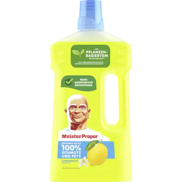 Meister Proper Allzweckreiniger Citrusfrische: Цвет: https://www.rossmann.de/de/haushalt-meister-proper-allzweckreiniger-citrusfrische/p/8001090974112
Produktbeschreibung und details Meister Proper Allzweckreiniger eignet sich ideal fr fast alle glatten Oberflchen Sie knnen es fr das Splbecken fettverschmutzte Herdplatten und als Bodenreiniger verwenden Das flssige Meister Proper entfernt bis zu  Schmutz und Fett ohne Streifen zu hinterlassen Entdecken Sie den besten Glanz aller Zeiten mit pflanzenbasiertem Inhaltstoff  der reinigungsaktiven Substanzen sind aus pflanzlichem weiterverarbeitetem Ausgangsmaterial Verleihen Sie Ihrem Zuhause einen frischen Duft Citrusfrische dank seines entzckenden Aromas Kontaktdaten Procter ampamp Gamble International Operations SA  route de SaintGeorges  PetitLancy Switzerland   Notrufnummer     UrsprungslandHerkunftsort Italien Anwendung und Gebrauch VERDNNT Kein Nachwischen erforderlich UNVERDNNT Immer nachwischen Nicht geeignet fr nichtabwaschbare Oberflchen z B unbehandeltes oder geltes Holz Nicht auf Aluminium Kupfer und Messing anwenden Im Zweifelsfall An einer unaufflligen Stelle testen Auf gestrichenen oder lackierten Oberflchen nur verdnnt anwenden Inhaltsstoffe amplt Anionische Tenside Nichtionische Tenside Duftstoffe Citral Citronellol Geraniol Hexyl cinnamal Limonene Linalool Warnhinweise und wichtige Hinweise Warnhinweise ACHTUNG Verursacht schwere Augenreizung Darf nicht in die Hnde von Kindern gelangen BEI KONTAKT MIT DEN AUGEN Einige Minuten lang behutsam mit Wasser splen Nach Gebrauch Hnde waschen