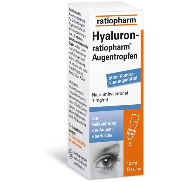 ratiopharm Hyaluron Augentropfen: Цвет: https://www.rossmann.de/de/gesundheit-ratiopharm-hyaluron-augentropfen/p/2050000000768
Produktbeschreibung und details Hyaluronratiopharm Augentropfen sind ein Medizinprodukt zur Befeuchtung bei trockenen gereizten oder brennenden Augen Sie sind der natrlichen Trnenflssigkeit nachempfunden knstliche Trnen und verschaffen ein wohltuendes erfrischendes Gefhl im Auge Ein Tropfen gengt um das normale Trnenvolumen wiederherzustellen Je nach Bedarf knnen die Tropfen auch mehrmals tglich angewendet werden zuverlssige Befeuchtung des Auges kleine handliche Flasche  perfekt fr unterwegs keimfrei durch innovativen Verschlussmechanismus ohne Konservierungsmittel fr weiche und harte Kontaktlinsen geeignet transparenz ber Fllmenge Haltbarkeit nach Anbruch  Monate Wirkungsweise Hyaluronsure kann im Vergleich zu anderen Stoffen ein Vielfaches seines Gewichts an Wasser binden Der Wirkstoff dient daher als Feuchthalter Somit schtzen Hyaluronratiopharm Augentropfen das Auge aktiv vor dem Austrocknen und die Zellen im Auge knnen ausreichend mit Sauerstoff und Nhrstoffen versorgt werden Eine weitere Besonderheit der Hyaluronsure ist ihre Fhigkeit den Trnenfilm zu stabilisieren und so zustzlich das Auge zu schtzen Kontaktdaten ratiopharm GmbH GrafArcoStr  D Ulm wwwratiopharmde Anwendung und Gebrauch  Tropfen pro Auge gengt Je nach Bedarf knnen Sie Hyaluronratiopharm Augentropfen mehrmals tglich anwenden Durch den Lidschlag wird die Flssigkeit im Auge automatisch verteilt berschssige Flssigkeit fliet direkt ab In manchen Fllen kann dieser Effekt  besonders fr Allergiker  ntzlich sein Allergene werden so gleichzeitig ausgesplt Hyaluronratiopharm Augentropfen knnen vor dem Einsetzen von harten oder weichen Kontaktlinsen verwendet werden oder auch zur Nachbenetzung Gebrauch Aufbewahrung und Verwendung Aufbewahrungs und Verwendungsbedingungen Khl und trocken lagern Lagertemperatur C  C Inhaltsstoffe Natriumhyaluronat  mgml Natriumchlorid Natriumhydrogenphosphate ChlorideKalium Calcium Magnesium Natriumhydrogencarbonat Aqua purificata Warnhinweise und wichtige Hinweise Warnhinweise Fr Kinder unzugnglich aufbewahren Nicht verwenden wenn die Flasche beschdigt ist