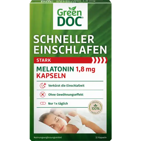 GreenDoc Schneller Einschlafen Stark Melatonin 1,8 mg Kapseln: Цвет: https://www.rossmann.de/de/gesundheit-greendoc-schneller-einschlafen-stark-melatonin-18-mg-kapseln/p/4036581583041
Produktbeschreibung und details Das Leben fordert uns jeden Tag  privat und beruflich Ein tiefer erholsamer Schlaf hilft uns den taglichen Herausforderungen mit klarem Kopf begegnen zu knnen Wenn es mit dem Einschlafen aber mal wieder lnger dauert helfen die hochdosierten GreenDoc Melatonin  mg Kapseln die Einschlafzeit zu reduzieren Melatonin frdert den natrlichen Schlaf und stabilisiert den SchlafWachRhythmusGreenDoc Melatonin  mg Kapseln enthalten neben Melatonin auch Melisse Die Melisse stammt ursprnglich aus dem stlichen Mittelmeergebiet und findet schon seit Jahrhunderten AnwendungGreenDoc ist spezialisiert auf mentale Gesundheit sowie Leistungsfhigkeit und ein Experte in diesem Bereich Mit Greendocs innovativen Gesundheitsprodukten mchte Greendoc Betroffenen in den Bereichen Entspannung Schlaf Stimmung und Konzentration helfen Bei der Entwicklung ihrer Produkte achten sie auf das Tierwohl und eine gute Vertrglichkeit und verzichten auf kritische Zusatzstoffe verkrzt die Einschlafzeit ohne Gewhnungseffekt nur x tglich Lebensmittelunternehmer Name Districon GmbH Adresse BessieColemanStrae  D Frankfurt wwwgreendocde UrsprungslandHerkunftsort Deutschland Rechtlich vorgeschriebene Produktbezeichnung Nahrungsergnzungsmittel Zutaten Fllstoff mikrokristalline Cellulose Hydroxypropyl methylcellulose Reisextrakt Melissenextrakt Melatonin Anwendung und Gebrauch  Kapsel kurz vor dem Schlafengehen mit ausreichend Flssigkeit einnehmen Bei Jetlag Nach Ankunft in der anderen Zeitzone vom    Tag  Kapsel kurz vor dem Schlafengehen mit ausreichend Flssigkeit einnehmen Bitte an die Verzehrempfehlung halten damit sich die positive Wirkung einstellt Gebrauch Aufbewahrung und Verwendung Aufbewahrungs und Verwendungsbedingungen Auerhalb der Reichweite von kleinen Kindern aufbewahren Unter  C trocken und vor Licht geschtzt aufbewahren Warnhinweise und wichtige Hinweise Warnhinweise Nahrungsergnzungsmittel sollten nicht als Ersatz fr eine abwechslungsreiche und ausgewogene Ernhrung sowie eine gesunde Lebensweise dienen Die empfohlene tgliche Verzehrmenge darf nicht berschritten werden Eine Anwendung bei Kindern und eine Einnahme ber einen lngeren Zeitraum bzw Daueranwendung wird nicht empfohlen