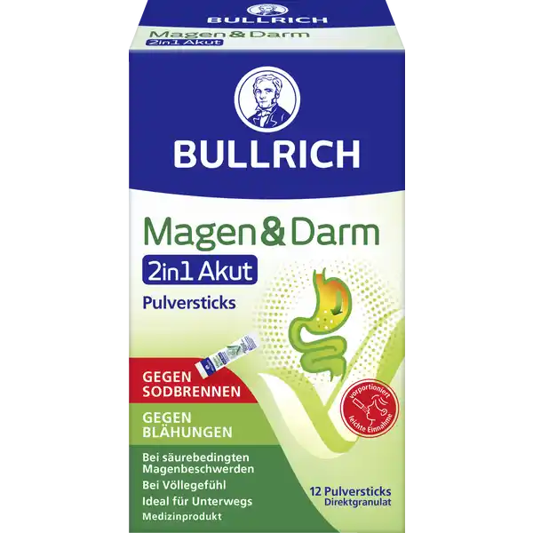 Bullrich Magen & Darm 2in1 Akut Pulversticks: Цвет: https://www.rossmann.de/de/gesundheit-bullrich-magen-und-darm-2in1-akut-pulversticks/p/4008455087917
Produktbeschreibung und details Bullrich Magen ampamp Darm in Akut Pulversticks ist ein Medizinprodukt das sowohl bei surebedingten Magenbeschwerden Sodbrennen und Vllegefhl wirkt als auch der Ansammlung von Gasen entgegenwirkt und so bei Blhungen hilft Aufgrund verschiedener Faktoren wie unausgewogener Ernhrung Stress LangzeitPharmakotherapien oder Einnahme von Nahrungsmitteln und Getrnken die eine hohe Surekonzentration verursachen leiden immer mehr Menschen an Magenbeschwerden wie belkeit saurem Aufstoen und Verdauungsstrungen Zu den hufigsten Symptomen im Zusammenhang mit Verdauungsstrungen gehren Blhbauch Vllegefhl nach den Mahlzeiten surebedingte Magenbeschwerden Sodbrennen und belkeit gegen Sodbrennen gegen Blhungen bei surebedingen Magenbeschwerden bei Vllegefhl gegen belkeit bei saurem Aufstoen bei Verdauungsstrungen ideal fr unterwegs leichte Einnahme Lebensmittelunternehmer Name delta pronatura Dr Krauss ampamp Dr Beckmann KG Adresse KurtSchumacherRing   Egelsbach wwwdeltapronaturade  Rechtlich vorgeschriebene Produktbezeichnung Direktgranulat Zutaten Simeticon Magnesiumhydroxid Magnesiumcarbonat und Natriumhydrogencarbonat Hilfsstoffe Xylitol Zitronensure Sorbitol Zitronenaroma Siliziumdioxid therisches Ingwerl Aroma Sucralose Acesulfam K Natriumsaccharin Anwendung und Gebrauch Zur Wiederherstellung einer ausgeglichenen Verdauung  Pulverstick nach den beiden Hauptmahlzeiten maximal  Pulversticks pro Tag Zur Linderung von Magenbersuerung  Pulversticks nach den beiden Hauptmahlzeiten maximal  Pulversticks pro Tag Zum Einnehmen des Produkts den Inhalt eines Pulversticks direkt im Mund auflsen lassen Gebrauch Aufbewahrung und Verwendung Aufbewahrungs und Verwendungsbedingungen Produkt auerhalb der Reichweite von Kindern lagern Trocken und khl bei kontrollierter Raumtemperatur unter C aufbewahren Warnhinweise und wichtige Hinweise Warnhinweise Nicht einnehmen wenn das Stickpack beschdigt ist