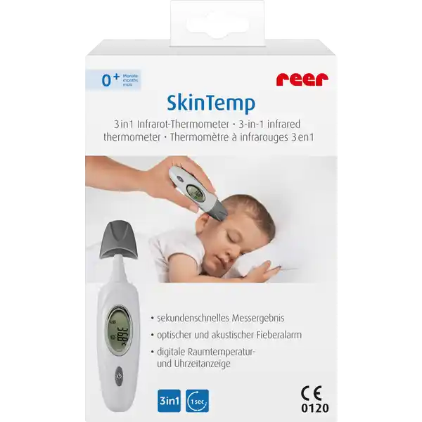 reer SkinTemp 3in1 Infrarot-Thermometer: Цвет: https://www.rossmann.de/de/baby-und-spielzeug-reer-skintemp-3in1-infrarot-thermometer/p/4013283980200
Produktbeschreibung und details reer SkinTemp in InfrarotThermometer Mit dem SkinTemp in von reer knnen Eltern schnell und sanft die Temperatur ihrer Kinder berprfen Dank InfrarotTechnik wird die Krpertemperatur sekundenschnell ermittelt Oftmals kann dies mit herkmmlichen Fieberthermometern zu einer Tortur werden Mit der Sensorkappe kann einfach die Temperatur an der Schlfe gemessen werden ohne den Aufsatz kann die Temperatur auch wahlweise im Ohr ermittelt werden Bereits nach einer Sekunde wird das Ergebnis hierbei zuverlssig auf dem bersichtlichen Bildschirm angezeigt Der optische und akustische Fieberalarm signalisiert entweder Normaltemperatur oder warnt den Benutzer vor erhhten Messwerten Das SkinTemp wird unkompliziert ber einen einzigen Knopfdruck gestartet und ist zur Temperaturmessung bei Babys Kindern und Erwachsenen geeignet Das Besondere neben der Krpertemperatur lassen sich auch Oberflchen und Raumtemperatur ermitteln inkl Batterie Temperaturmessung im Ohr und an der Schlfe sekundenschnelles Messergebnis optischer und akustischer Fieberalarm Raumtemperaturanzeige digitale Uhrzeitanzeige Farbe WeiGrau Hinweise zur Elektrogerte und Batterieentsorgung Hinweise zur Entsorgung von Elektrogerten und Batterien httpswwwrossmanndedeserviceundhilfeelektrogesetzbatteriegesetz