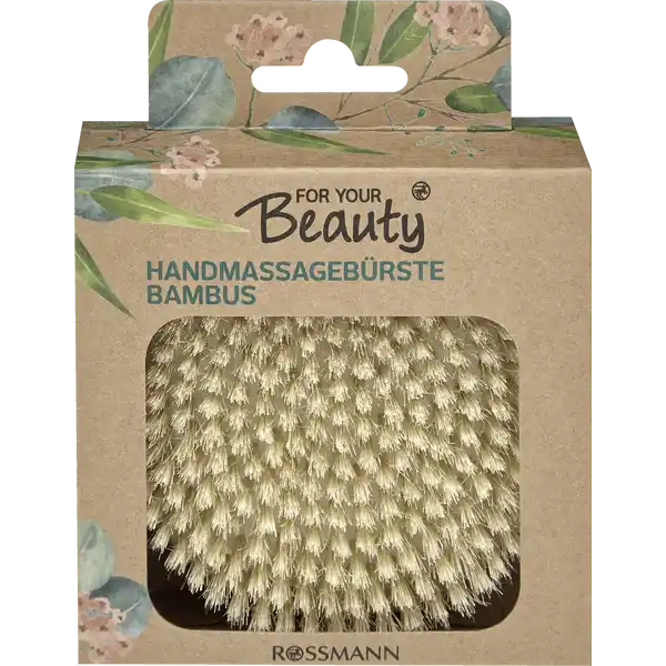 FOR YOUR Beauty Handmassagebrste Bambus: Цвет: https://www.rossmann.de/de/gesundheit-for-your-beauty-handmassagebuerste-bambus/p/4305615737911
Produktbeschreibung und details Mit der for your Beauty Massagebrste aus  naturborsten wird die Haut auf angenehme Weise massiert Hervorragend fr eine pflegende und wohltuende Krpermassage Die Massagebrste kann sowohl nass als auch trocken angewendet werden Die praktische Handschlaufe sorgt fr einen besseren Halt bei der Anwendung Das Holz der Massagebrste besteht aus Bambus welches extrem schnell nachwchst und auerdem von Natur aus eine antibakterielle Wirkung hat Die Brste frdert eine gute Durchblutung der Haut und entfernt alte Hautschuppen Regelmige Massagen knnen helfen den Kreislauf anzuregen und die Durchblutung zu frdern Kontaktdaten Dirk Rossmann GmbH Isernhgener Strae   Burgwedel wwwrossmannde   Anwendung und Gebrauch Kann sowohl nass als auch trocken angewendet werden Gebrauch Aufbewahrung und Verwendung Aufbewahrungs und Verwendungsbedingungen Ab und zu mit einem Shampoo auswaschen Zum Trocknen auf die Borstenseite legen oder aufhngen