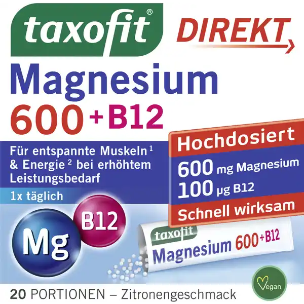 taxofit Magnesium 600 + B12 Direktgranulat Sticks: Цвет: https://www.rossmann.de/de/gesundheit-taxofit-magnesium-600--b12-direktgranulat-sticks/p/4008617015604
Produktbeschreibung und details Bei sportlichen Aktivitten oder besonders herausfordernden Phasen im Alltag kann ein erhhter Bedarf an Magnesium und Vitamin B entstehen TAXOFIT Magnesium   B direkt enthlt hochdosiertes Magnesium um die Muskeln zu entspannen sowie Vitamin B um den Krper mit Energie zu versorgen und Mdigkeit zu verringern Das Direktgranulat versorgt Muskeln und Krper schnell und zuverlssig Zudem ist es praktisch fr unterwegs und ohne Wasser einzunehmen Lebensmittelunternehmer Name MCM Klosterfrau Adresse D Kln Rechtlich vorgeschriebene Produktbezeichnung Nahrungsergnzungsmittel mit dem Mineralstoff Magnesium und Vitaminen mit Sungsmitteln Zutaten Magnesiumoxid Fllstoff Sorbit Suerungsmittel Citronensure Trennmittel Magnesiumsalze der Speisefettsuren Calciumphosphate Aromen Thiaminhydrochlorid Sungsmittel Aspartam Sucralose Acesulfam K Cyanocobalamin Vitamin B Nhrwerte Durchschnittliche Nhrwertangaben pro  Portion  Stck Tagesdosis Referenzwert Durchschnittliche Zusammensetzung pro Tagesportion  Beutel NRV Nhrwertbezugswerte fr Erwachsene nach der LMIV NRV Magnesium  mg   Vitamin B Thiamin  mg   Vitamin B  g   Anwendung und Gebrauch Tglich  Beutel zu einer Mahlzeit einnehmen Direkte Einnahme ohne Flssigkeit Gebrauch Aufbewahrung und Verwendung Aufbewahrungs und Verwendungsbedingungen Bitte trocken und nicht ber  C lagern Auerhalb der Reichweite von kleinen Kindern lagern Warnhinweise und wichtige Hinweise Warnhinweise Nahrungsergnzungsmittel sollten nicht als Ersatz fr eine ausgewogene und abwechslungsreiche Ernhrung verwendet werden oder eine gesunde Lebensweise ersetzen Die angegebene empfohlene tgliche Verzehrsmenge darf nicht berschritten werden Magnesiumprparate knnen bei empflindlichen Personen eine leicht abfhrende Wirkung haben Enthlt eine Phenylalaninquelle Kann bei bermigem Verzehr abfhrend wirken Nur fr Erwachsene geeignet
