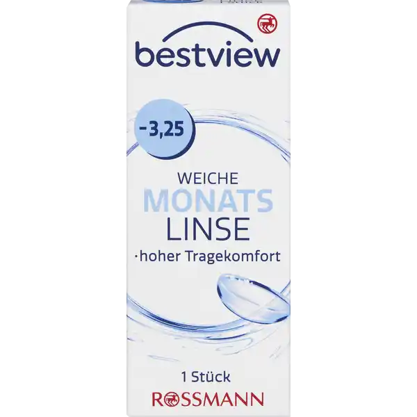 BestView weiche Monatslinse -3.25: Цвет: https://www.rossmann.de/de/gesundheit-bestview-weiche-monatslinse--325/p/4719879669787
Produktbeschreibung und details Durch das besonders weiche und sauerstoffdurchlssige Material der Monatslinse wird kaum Eingewhnungszeit bentigt Sie wurde fr den tglichen Gebrauch entwickelt und dient zum monatlichen Austausch Die Kanten der Monatslinse wurden speziell fr einen hohen Tragekomfort entwickelt Dadurch bleibt die Sehschrfe auch an den Rndern der Linse optimal hoher Tragekomfort  Stck Kontaktdaten Dirk Rossmann GmbH Isernhgener Strae   Burgwedel wwwrossmannde Gebrauch Aufbewahrung und Verwendung Aufbewahrungs und Verwendungsbedingungen Empfohlene Lagerung bei Raumtemperatur Inhaltsstoffe  sterile weiche getnte Kontaktlinse  Methafilcon A  HO in gepufferter Kochsalzlsung Warnhinweise und wichtige Hinweise Warnhinweise Nicht verwenden bei beschdigter Linsenverpackung Gehen Sie mit Ihren Linsen bitte regelmig zu einer augenrztlichen Kontrolle Folgen Sie den Anweisungen Ihres Kontaktlinsenanpassers auch bezglich der tglichen Tragedauer Die Tragedauer von  Wochen nicht berschreiten Schlafen Sie nicht mit eingesetzter Linse Bitte beachten Sie die beiliegende Gebrauchsinformation