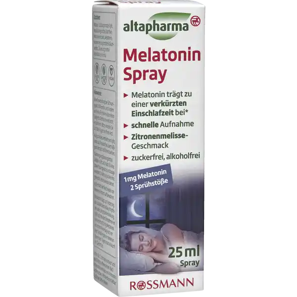 altapharma Melatonin Spray: Цвет: Produktbeschreibung und details Melatonin ist ein krpereigenes Hormon das dazu beitrgt abends mde zu werden Die Produktion kann beispielsweise durch Stress Jetlag oder hormonelle Vernderungen gestrt werden Altapharma Melatonin Spray trgt mit seinem Inhaltstoff Melatonin gezielt dazu bei die Einschlafzeit zu verkrzen Die Rezeptur des Sprays ist mit wertvollem Melissenextrakt angereichert und ist aufgrund seines Sprhmechanismus individuell dosierbar Altapharma Melatonin Spray mit ZitronenmelisseGeschmack untersttzt eine erholsame Nacht die einen leistungsfhigen Start in den Tag ermglicht mg Melatonin  Sprhste mit ZitronenmelisseGeschmack schnelle Aufnahme Melatonin trgt zu einer verkrzten Einschlafzeit bei gluten und laktosefrei zucker und alkoholfrei vegan Melatonin trgt dazu bei die Einschlafzeit zu verkrzen Die positive Wirkung stellt sich bei einer Einnahme von  mg Melatonin kurz vor dem Schlafengehen ein Kontaktdaten Dirk Rossmann GmbH Isernhgener Str   Burgwedel wwwrossmannde Testurteile Qualittssiegel ampamp Verbandszeichen Zutaten Wasser Sungsmittel Xylit Verdickungsmittel Xanthan Melissenextrakt Melatonin Konservierungsmittel Kaliumsorbat Suerungsmittel Apfelsure Aroma Nhrwerte Durchschnittliche Nhrwertangaben pro  g pro  Portion pro Sprhsto Energie  kj   kcal  kj   kcal Fett  g  g davon  gesttigte Fettsuren  g  g Kohlenhydrate  g amplt  g davon  Zucker amplt  g amplt  g Eiwei  g  g Salz amplt  g amplt  g Anwendung und Gebrauch Vor dem Schlafengehen  Sprhste direkt in den Mund geben Vor jeden Gebrauch gut schtteln Nach jedem Gebrauch den Sprhkopf mit Wasser reinigen Vor dem ersten Gebrauch  mal pumpen damit die Flssigkeit in den Sprhkopf gelangt Gebrauch Aufbewahrung und Verwendung Aufbewahrungs und Verwendungsbedingungen Auerhalb der Reichweite von kleinen Kindern aufbewahren Unter C trocken und vor Licht geschtzt aufbewahren Nach Anbruch innerhalb von  Monaten aufbrauchen Warnhinweise und wichtige Hinweise Warnhinweise Mit Sungsmittel Eine Anwendung bei Schwangeren Stillenden und Kindern und eine Einnahme ber einen lngeren Zeitraum wird nicht empfohlen Bitte wenden Sie sich bei Fragen an Ihren Arzt Aufgrund des enthaltenen Xylits kann das Produkt bei bermigem Verzehr abfhrend wirken Nahrungsergnzungsmittel sollten nicht als Ersatz fr eine abwechslungsreiche und ausgewogene Ernhrung sowie eine gesunde Lebensweise dienen Melatonin trgt zur Linderung des subjektiven JetlagEmpfindens bei Die positive Wirkung stellt sich bei der Einnahme von mindestens  mg Metatonin am ersten Reisetag kurz vor dem Schlafengehen sowie an den ersten Tagen nach Ankunft am Zielort ein
https://www.rossmann.de/de/gesundheit-altapharma-melatonin-spray/p/4305615905273