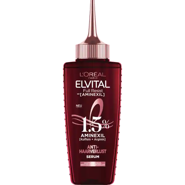 LOral Paris Elvital Full Resist Aminexil AntiHaarverlust Serum: Цвет: Produktbeschreibung und details Das Elvital Full Resist AntiHaarverlust Serum von LOral Paris ist ein Haarserum fr kraftloses Haar mit der Neigung zu Haarverlust Dank seiner reichhaltigen Formel strkt das Serum das Haar direkt an der Haarwurzel und reduziert so durch eine wissenschaftliche Studie bewiesen den Haarausfall bei Frauen Angereichert mit   Aminexil untersttzt das Serum gegen Haarverlust von LOral Paris zudem das natrliche Wachstum der Haare Fr mehr Flle und gesnder aussehendes Haar fr kraftloses Haar Neigung zu Haarverlust strkt das Haar an der Haarwurzel mildert Haarverlust bei Frauen untersttzt das natrliche Wachstum der Haare fr volleres Haar Wirkung wissenschaftlich bewiesen Kontaktdaten LORAL Deutschland GmbH  Geschftsbereich LOral Paris Johannstrae   Dsseldorf wwwlorealparisde Anwendung und Gebrauch Das Elvital Serum bei Haarverlust direkt auf die trockene oder nasse Kopfhaut scheitelweise auftragen und einmassieren Nicht aussplen Eine Dosis je Anwendung entspricht  ml des Produktes gegen Haarausfall seitlich auf der Flasche markiert Gebrauch Aufbewahrung und Verwendung Aufbewahrungs und Verwendungsbedingungen Khl und trocken lagern Inhaltsstoffe AQUA  WATER  ALCOHOL DENAT  DIAMINOPYRIMIDINE OXIDE  TOCOPHEROL  SODIUM HYALURONATE  SODIUM CITRATE  CAFFEINE  SAFFLOWER GLUCOSIDE  PEG HYDROGENATED CASTOR OIL  ARGININE  AMINOMETHYL PROPANOL  AMMONIUM POLYACRYLOYLDIMETHYL TAURATE  LIMONENE  MENTHOL  PIROCTONE OLAMINE  CITRIC ACID  COUMARIN  PARFUM  FRAGRANCE
https://www.rossmann.de/de/pflege-und-duft-loreal-paris-elvital-full-resist-aminexil-anti-haarverlust-serum/p/3600524075453