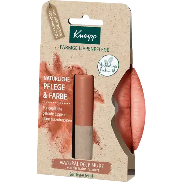 Kneipp Farbige Lippenpflege Natural Deep Nude: Цвет: Produktbeschreibung und details Lasse Deine natrliche Schnheit erstrahlen mit der farbigen Lippenpflege Natural Deep Nude von Kneipp Spre ein pflegendes und angenehmes Gefhl auf Deinen Lippen fr einen tollen Komfort  in Kombination mit einem natrlichen zartbraunen Hauch von Farbe erhalten Deine Lippen einen hbschen natrlichen Look Dank des einfachen Auftragens ist sie der idealer Begleiter fr Dich  den ganzen Tag lang Einfach genial Die Formel der langanhaltenden Lippenpflege ist zu  natrlichen Ursprungs Das nachhaltige und innovative Verpackungskonzept besteht zB aus Graspapier Paper Blend oder Korkresten und hilft ihnen die Natur zu respektieren unterstreicht deine natrliche Schnheit gepflegte und getnte Lippen  ohne Auszutrocknen Pflege und Farbe aus Inhaltsstoffen mit natrlichem Ursprung mit natrlichen Pflegelen und natrlichen Extrakten von der Natur inspirierte Farbtne nachhaltige und moderne Verpackung mit Graspapier und Kork einfache Anwendung  ohne Spiegel Kontaktdaten Kneipp GmbH D  Wrzburg wwwkneippde   UrsprungslandHerkunftsort Deutschland Inhaltsstoffe Olus Vegetable Oil Mangifera Indica Mango Seed Butter Rhus Verniciflua Peel Cera Canola Oil Candelilla Cera Ricinus Communis Castor Seed Oil Persea Gratissima Avocado Oil Zinc Oxide Butyrospermum Parkii Shea Butter Maltodextrin CI  Copernicia Cerifera Carnauba Cera Helianthus Annuus Sunflower Seed Cera Raphanus Sativus Radish Root Extract Citrus Aurantium Dulcis Orange Peel Oil Expressed Zingiber Officinale Ginger Root Oil Pimpinella Anisum Anise Seed Oil Linalool Limonene Parfum Fragrance Citric Acid CI  Tocopherol
https://www.rossmann.de/de/make-up-kneipp-farbige-lippenpflege-natural-deep-nude/p/4008233160108