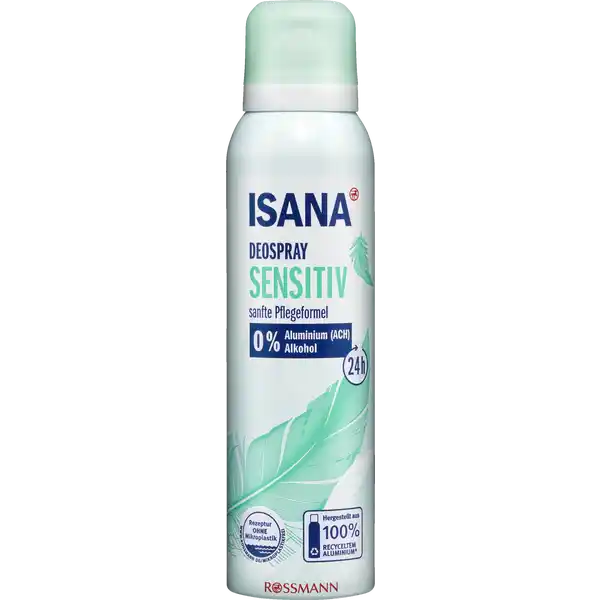 ISANA Deospray Sensitiv: Цвет: Produktbeschreibung und details Das ISANA Deospray Sensitiv mit hWirkkomplex schtzt zuverlssig und langanhaltend vor Krpergeruch und gibt Ihnen optimale Sicherheit fr den Tag ohne Aluminiumsalze ACH ohne Alkohol diese Rezeptur ist zu   ohne Mikroplastik hergestellt aus   recyceltem Alulminium Dose ohne Sprhkopf Kontaktdaten Dirk Rossmann GmbH Isernhgener Str  DE Burgwedel wwwrossmannde  Testurteile Qualittssiegel ampamp Verbandszeichen Anwendung und Gebrauch Aus  cm Entfernung unter die Achseln sprhen und kurz einwirken lassen Inhaltsstoffe Butane Propane Ethylhexyl Stearate Isobutane C Alkyl Benzoate Parfum Ethylhexylglycerin Phenoxyethanol Bisabolol Tocopherol Citronellol Linalool AlphaIsomethyl Ionone Limonene Warnhinweise und wichtige Hinweise Warnhinweise GEFAHR Extrem entzndbares Aerosol Behlter steht unter Druck Kann bei Erwrmung bersten Von Hitze heien Oberflchen Funken offenen Flammen und anderen Zndquellen fernhalten Nicht rauchen Nicht gegen offene Flamme oder andere Zndquelle sprhen Nicht durchstechen oder verbrennen auch nicht nach Gebrauch Vor Sonnenbestrahlung schtzen Nicht Temperaturen ber  C aussetzen Darf nicht in die Hnde von Kindern gelangen Einatmen vermeiden und von den Augen fernhalten
https://www.rossmann.de/de/pflege-und-duft-isana-deospray-sensitiv/p/4305615610450