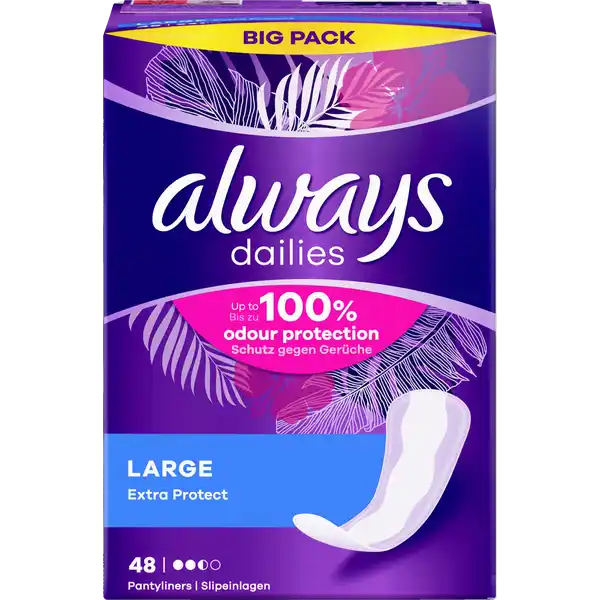 Always dailies Large Extra Protect Slipeinlagen Big Pack: Цвет: Produktbeschreibung und details Mit Always Dailies Large Extra Protect Slipeinlagen fhlst Du dich den ganzen Tag lang angenehm frisch Large Slipeinlagen sind extralang fr zustzlichen Schutz fr Frische auf die Du dich verlassen kannst Dank der geruchsneutralisierenden Technologie und des saugfhigen Kerns sind sie ideal fr die tgliche Frische als zustzlicher Schutz bei unregelmiger Periode oder leichtem Ausfluss bis zu  Schutz gegen Gerche weich ampamp absorbierend verrutscht nicht seitliche Schutzzonen Kontaktdaten Procter ampamp Gamble Service GmbH D Schwalbach wwwalwaysde Testurteile Qualittssiegel ampamp Verbandszeichen
https://www.rossmann.de/de/pflege-und-duft-always-dailies-large-extra-protect-slipeinlagen-big-pack/p/8006540221341