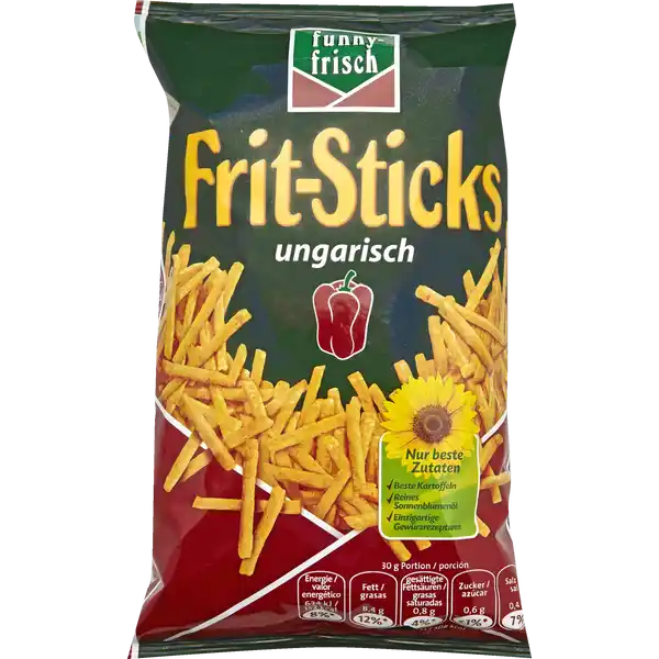 funny-frisch Frit-Sticks ungarisch: Цвет: Produktbeschreibung und details funnyfrisch FritSticks ungarisch beste Kartoffeln reines Sonnnblumenl einzigartige Gewrzrezepturen Lebensmittelunternehmer Name Intersnack KnabberGebck GmbH ampamp CoKG Adresse ErnaSchefflerStr   Kln wwwfunnyfrischde UrsprungslandHerkunftsort Deutschland Rechtlich vorgeschriebene Produktbezeichnung Kartoffelsticks Zutaten Kartoffeln Sonnenblumenl Speisesalz Aroma Hefeextrakt enthlt GERSTE Paprikapulver Zucker Zwiebelpulver Knoblauchpulver Farbstoff Paprikaextrakt Raucharoma GewrzextrakteUnter Schutzatmosphre verpackt Nhrwerte Durchschnittliche Nhrwertangaben pro  g pro  Portion GDA  g Energie  kj   kcal  kj   kcal Fett  g  g   davon  gesttigte Fettsuren  g  g    einfach ungesttigte Fettsuren  g  g  mehrfach ungesttigte Fettsuren  g  g Kohlenhydrate  g  g   davon  Zucker  g  g   Eiwei  g  g   Salz  g  g   Gebrauch Aufbewahrung und Verwendung Aufbewahrungs und Verwendungsbedingungen Vor Licht und Feuchtigkeit schtzen Warnhinweise und wichtige Hinweise Warnhinweise Unter Schutzatmosphre verpackt
https://www.rossmann.de/de/lebensmittel-funny-frisch-frit-sticks-ungarisch/p/4003586004017