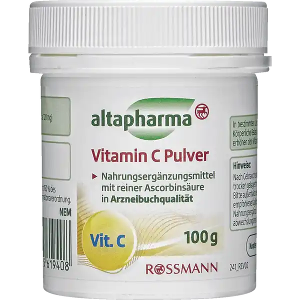 altapharma Vitamin C Pulver: Цвет: Produktbeschreibung und details In bestimmten Lebensumstnden bentigt der Krper mehr Vitamin C Krperliche Belastung Schwangerschaft und Stillzeit aber auch Rauchen erhhen den Vitamin C Bedarf Nahrungsergnzungsmittel mit reiner Ascorbinsure in Arzneibuchqualitt Lebensmittelunternehmer Name Dirk Rossmann GmbH Adresse Isernhgener Str   Burgwedel wwwrossmannde      UrsprungslandHerkunftsort Abfllung in der EU Rechtlich vorgeschriebene Produktbezeichnung Nahrungsergnzungsmittel mit reiner Ascorbinsure in Arzneibuchqualitt Zutaten   LAscorbinsure Vit C Laktosefrei glutenfrei Fr Veganer geeignet Anwendung und Gebrauch Tglich einen gestrichenen Dosierlffel Vitamin C  ca  mg aufgelst in Wasser Saft oder Tee verzehren Die Verzehrsempfehlung von  mg Vitamin C entspricht   des empfohlenen Tagesbedarf gem Lebensmittelinformationsverordnung Gebrauch Aufbewahrung und Verwendung Aufbewahrungs und Verwendungsbedingungen Nach Gebrauch sofort wieder fest verschlieen Geschlossen und trocken lagern Warnhinweise und wichtige Hinweise Warnhinweise Bitte auerhalb der Reichweite von kleinen Kindern aufbewahren Die empfohlene tgliche Verzehrmenge darf nicht berschritten werden Nahrungsergnzungsmittel sind kein Ersatz fr eine ausgewogene und abwechslungsreiche Ernhrung sowie eine gesunde Lebensweise
https://www.rossmann.de/de/gesundheit-altapharma-vitamin-c-pulver/p/4305615619408