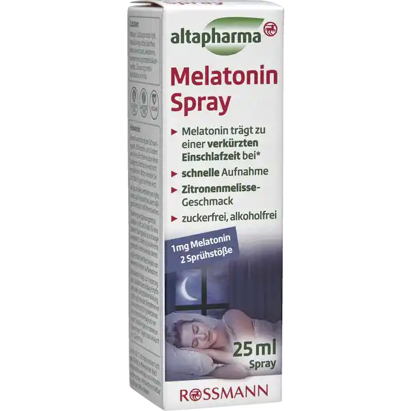 altapharma Melatonin Spray: Цвет: https://www.rossmann.de/de/gesundheit-altapharma-melatonin-spray/p/4305615905273
Produktbeschreibung und details Melatonin ist ein krpereigenes Hormon das dazu beitrgt abends mde zu werden Die Produktion kann beispielsweise durch Stress Jetlag oder hormonelle Vernderungen gestrt werden Altapharma Melatonin Spray trgt mit seinem Inhaltstoff Melatonin gezielt dazu bei die Einschlafzeit zu verkrzen Die Rezeptur des Sprays ist mit wertvollem Melissenextrakt angereichert und ist aufgrund seines Sprhmechanismus individuell dosierbar Altapharma Melatonin Spray mit ZitronenmelisseGeschmack untersttzt eine erholsame Nacht die einen leistungsfhigen Start in den Tag ermglicht mg Melatonin  Sprhste mit ZitronenmelisseGeschmack schnelle Aufnahme Melatonin trgt zu einer verkrzten Einschlafzeit bei gluten und laktosefrei zucker und alkoholfrei vegan Melatonin trgt dazu bei die Einschlafzeit zu verkrzen Die positive Wirkung stellt sich bei einer Einnahme von  mg Melatonin kurz vor dem Schlafengehen ein Kontaktdaten Dirk Rossmann GmbH Isernhgener Str   Burgwedel wwwrossmannde Testurteile Qualittssiegel ampamp Verbandszeichen Zutaten Wasser Sungsmittel Xylit Verdickungsmittel Xanthan Melissenextrakt Melatonin Konservierungsmittel Kaliumsorbat Suerungsmittel Apfelsure Aroma Nhrwerte Durchschnittliche Nhrwertangaben pro  g pro  Portion pro Sprhsto Energie  kj   kcal  kj   kcal Fett  g  g davon  gesttigte Fettsuren  g  g Kohlenhydrate  g amplt  g davon  Zucker amplt  g amplt  g Eiwei  g  g Salz amplt  g amplt  g Anwendung und Gebrauch Vor dem Schlafengehen  Sprhste direkt in den Mund geben Vor jeden Gebrauch gut schtteln Nach jedem Gebrauch den Sprhkopf mit Wasser reinigen Vor dem ersten Gebrauch  mal pumpen damit die Flssigkeit in den Sprhkopf gelangt Gebrauch Aufbewahrung und Verwendung Aufbewahrungs und Verwendungsbedingungen Auerhalb der Reichweite von kleinen Kindern aufbewahren Unter C trocken und vor Licht geschtzt aufbewahren Nach Anbruch innerhalb von  Monaten aufbrauchen Warnhinweise und wichtige Hinweise Warnhinweise Mit Sungsmittel Eine Anwendung bei Schwangeren Stillenden und Kindern und eine Einnahme ber einen lngeren Zeitraum wird nicht empfohlen Bitte wenden Sie sich bei Fragen an Ihren Arzt Aufgrund des enthaltenen Xylits kann das Produkt bei bermigem Verzehr abfhrend wirken Nahrungsergnzungsmittel sollten nicht als Ersatz fr eine abwechslungsreiche und ausgewogene Ernhrung sowie eine gesunde Lebensweise dienen Melatonin trgt zur Linderung des subjektiven JetlagEmpfindens bei Die positive Wirkung stellt sich bei der Einnahme von mindestens  mg Metatonin am ersten Reisetag kurz vor dem Schlafengehen sowie an den ersten Tagen nach Ankunft am Zielort ein
