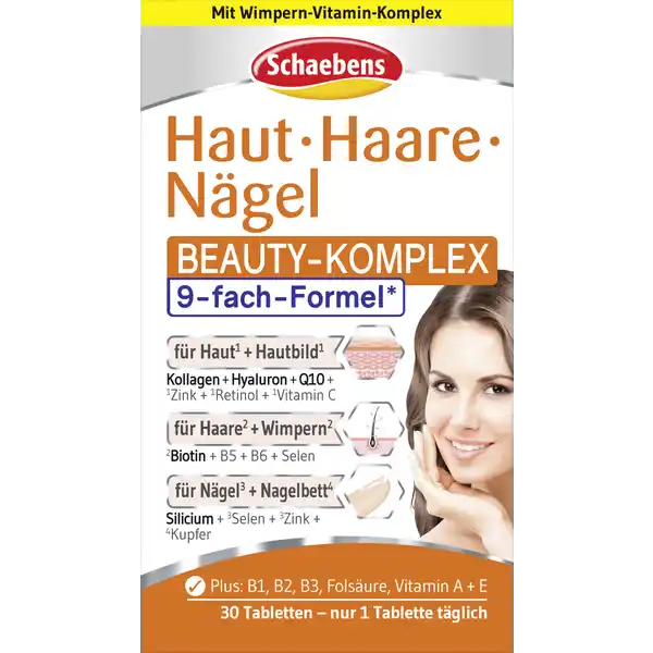 Schaebens Haut Haare Ngel BeautyKomplex: Цвет: https://www.rossmann.de/de/gesundheit-schaebens-haut-haare-naegel-beauty-komplex/p/4003573588407
Produktbeschreibung und details Der Haut  Haare  Ngel BeautyKomplex fachFormel von Schaebens enthlt hochwertige Nhr und Aufbaustoffe Die aufeinander abgestimmte Formel sorgt fr die natrliche Schnheit von Haut Haaren und Ngeln Vitamin C untersttzt die normale Funktion der Haut Zugleich kmmern sich Biotin und Selen um die Aufrechterhaltung der Haare Die Ngel werden mit Selen und Zink untersttzt fr die natrliche Schnheit von Haut Haaren Wimpern und Ngeln hochwertige Nhr und Aufbaustoffe fr jeden Haut und Haartyp Lebensmittelunternehmer Name Schaebens Adresse  Frechen Germany wwwschaebensde Rechtlich vorgeschriebene Produktbezeichnung Nahrungsergnzungsmittel mit Kollagenpeptiden Hyaluronsure Coenzym Q Vitaminen und Mineralstoffen Zutaten Maltodextrin Maisstrke Fllstoff mikrokristalline Cellulose LAscorbinsure Kollagenpeptide   Siliciumdioxid DLalphaTocopherylacetat Nicotinamid Natriumhyaluronat   Coenzym Q   Retinylacetat Pyridoxinhydrochlorid Riboflavin Thiaminmononitrat Cyanocobalamin DBiotin Folsure CalciumDpantothenat Zinkoxid Kupfersulfat Natriumselenat Trennmittel Speisefettsuren Trennmittel Magnesiumsalze der Speisefettsuren berzugsmittel Hydroxypropylmethylcellulose Farbstoff Eisenoxide und Eisenhydroxide pflanzliches l Kokos und Palml Trennmittel Siliciumdioxid Feuchthaltemittel Polydextrose Farbstoff Calciumcarbonat Nhrwerte Durchschnittliche Nhrwertangaben pro  Portion  Stck Tagesdosis Referenzwert Referenzmenge nach Lebensmittelinformationsverordnung NRV Zink  mg   Kupfer  mg   Selen  g   Vitamin A  g   Vitamin E  mg   Vitamin C  mg   Vitamin B Thiamin  mg   Vitamin B Riboflavin  mg   Niacin  mg   Vitamin B  mg   Folsure  g   Vitamin B  g   Biotin  g   Pantothensure  mg   Anwendung und Gebrauch Tglich  Tablette unzerkaut mit etwas Flssigkeit schlucken Gebrauch Aufbewahrung und Verwendung Aufbewahrungs und Verwendungsbedingungen Khl trocken und vor Licht geschtzt aufbewahren Warnhinweise und wichtige Hinweise Warnhinweise Nahrungsergnzungsmittel knnen eine ausgewogene abwechslungsreiche Ernhrung und eine gesunde Lebensweise nicht ersetzen Die angegebene empfohlene tgliche Verzehrmenge darf nicht berschritten werden Auerhalb der Reichweite von kleinen Kindern aufbewahren