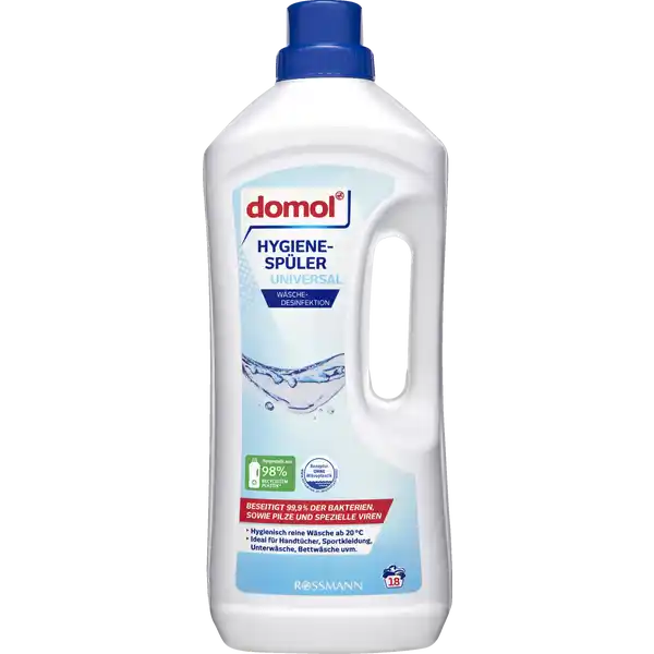 domol Hygienespler Universal Flssig  WL: Цвет: https://www.rossmann.de/de/gesundheit-domol-hygienespueler-universal-fluessig-18-wl/p/4305615596150
Produktbeschreibung und details Freuen Sie sich auf hygienisch reine Wsche  mit dem domol Hygienespler Universal beseitigt zuverlssig geruchsbildende Bakterien und Keime darunter auch Hautpilze und spezielle Viren Hautvertrglichkeit dermatologisch getestet fr alle waschbaren Textilien und Waschprogramme geeignet hygienisch reine Wsche ab C ideal fr Handtcher Sportkleidung Unterwsche Bettwsche uvm Kontaktdaten DIrk Rossmann GmbH Isernhgener Str   Burgwedel wwwrossmannde      UrsprungslandHerkunftsort Deutschland Testurteile Qualittssiegel ampamp Verbandszeichen Anwendung und Gebrauch Gegen Bakterien  Kappen ca  ml Gegen Viren und Pilze  Kappen ca  ml Vor Anwendung Pflegehinweise des Textilherstellers kontrollieren Den Hygienespler in die Weichsplkammer geben Wie gewohnt das Waschmittel und ggf den Weichspler dosieren und den Waschgang starten Handwsche  Kappen ca  ml auf  l Wasser geben und gut vermengen Einwirkzeit mind  Minuten danach grndlich aussplen Inhaltsstoffe unter  nichtionische Tenside Enthlt Desinfektionsmittel  g Didecyldimethylammoniumchlorid pro  g Flssigkonzentrat Enthlt Duftstoffe Warnhinweise und wichtige Hinweise BiozidHinweis Biozidprodukte vorsichtig verwenden Vor Gebrauch stets Etikett und Produktinformationen lesen BiozidNr N Warnhinweise ACHTUNG Verursacht Hautreizungen Verursacht schwere Augenreizung Ist rztlicher Rat erforderlich Verpackung oder Kennzeichnungsetikett bereithalten Darf nicht in die Hnde von Kindern gelangen BEI BERHRUNG MIT DER HAUT Mit viel Wasser und Seife waschen BEI KONTAKT MIT DEN AUGEN Einige Minuten lang behutsam mit Wasser splen Eventuell vorhandene Kontaktlinsen nach Mglichkeit entfernen Weiter splen Bei anhaltender Augenreizung rztlichen Rat einholenrztliche Hilfe hinzuziehen Inhalt Behlter zugelassenem Entsorger oder kommunaler Sammelstelle zufhren Nicht fr Seide Leder und nicht waschbaren Textilien verwenden Detergenzienblatt Detergenzienblatt Laden Sie das Dokument zum Produkt als PDF herunter