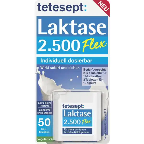 tetesept Laktase 2.500 Flex: Цвет: https://www.rossmann.de/de/gesundheit-tetesept-laktase-2500-flex/p/4008491104043
Produktbeschreibung und details Bei einer LaktoseIntoleranz treten durch den Genuss laktosehaltiger Speisen und Getrnke hufig Verdauungsprobleme wie Durchfall Blhungen und MagenDarmbeschwerden auf tetesept Laktase  Flex enthlt wirksame AktivLaktasedie Laktose wirksam und zuverlssig spalten kann Die MiniTabletten lassen sich individuell und praktisch dosieren tetesept Laktase  Flex individuell dosierbar  fr den bedarfsgerechten sorglosen Genuss zuverlssige SofortWirkung Einnahme ohne Wasser extra kleine Tablette vegetarisch ampamp glutenfrei Lebensmittelunternehmer Name Merz Consumer Care GmbH Adresse Eckenheimer Landstrae   Frankfurt am Main wwwteteseptde Rechtlich vorgeschriebene Produktbezeichnung Nahrungsergnzungsmittel mit  FCC Einheiten Laktase pro Tablette Zutaten Maltodextrin Laktase  Trennmittel Magnesiumsalze der Speisefettsuren Anwendung und Gebrauch Verzehrsempfehlung Abhngig von der krpereigenen Laktaseaktivitt und der jeweiligen Menge an Milchzucker in Speisen und Getrnken ist die Dosierung individuell und bedarfsgerecht anzupassen Zur Verbesserung der Verdauung von Milchzucker bei Laktoseintoleranz  Tabletten unmittelbar vor oder whrend des Verzehrs milchzuckerhaltiger Speisen mit etwas Flssigkeit unzerkaut einnehmen Gebrauch Aufbewahrung und Verwendung Aufbewahrungs und Verwendungsbedingungen Vor Hitze und direkter Lichteinstrahlung schtzen Warnhinweise und wichtige Hinweise Warnhinweise Die empfohlene tgliche Verzehrsmenge darf nicht berschritten werden Nahrungsergnzungsmittel sind kein Ersatz fr eine abwechslungsreiche und ausgewogene Ernhrung die zusammen mit einer gesunden Lebensweise von Bedeutung ist Fr kleine Kinder unzugnglich aufbewahren