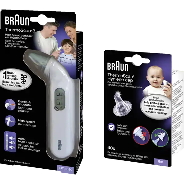 Braun ThermoScan® 3 Ohrthermometer, IRT3030: Цвет: https://www.rossmann.de/de/baby-und-spielzeug-braun-thermoscan-3-ohrthermometer-irt3030/p/4022167330307
Produktbeschreibung und details Mit seinem kompakten Design ist das Braun ThermoScan  einfach zu verwenden schonend und schnell Die Messung erfolgt innerhalb einer Sekunde und die akustische Fieberanzeige hilft bei der Temperaturbeurteilung Das Braun ThermoScan  ist ein Ohrthermometer und die Nr Marke bei rzten Messspitze geeignet fr die Verwendung bei Neugeborenen mit die vom Innenohr abgegebene InfrarotStrahlung mit klinisch getesteter Genauigkeit akustischer Fieberindikator przise Temperaturmessung in nur  Sekunde einfache Interpretation des Messergebnisses die Anzahl der Signaltne zeigt an ob die Temperatur normal x erhht x oder hoch Fieber x ist Messspitze geeignet fr die Verwendung bei Neugeborenen speichert den letzten Temperaturmesswert automatische Abschaltung nach  Sekunden fr eine lngere Lebensdauer der Batterie Temperaturmessung in Grad Celsius   C oder Grad Fahrenheit  F Zubehr  x EinwegSchutzkappen fr eine hygienische Temperaturmessung Schutzkappe zur Aufbewahrung x V lithium Batterie Batterieabdeckung mit Sicherheitsverschlu zum Schutz vor Kontakt mit der Batterie durch unbeabsichtigtes ffnen zB durch spielende Kinder Verpackung und Produktfarben knnen leicht von den Abbildungen abweichen  Braun ist laut einer Befragung von rzten die fhrende Marke in puncto Bewusstsein Empfehlung und Gebrauch zu Hause Gfk OnlineStudie unter n Allgemein und Kinderrzten in vier europischen Lndern n in DE UK FR NL die im NovDez  durchgefhrt wurde ThermoScan ist eine eingetragene Marke von Helen of Troy Limited undoder angeschlossener Unternehmen Bestimmte unter Lizenz von The Proctor ampamp Gamble Company und seiner Tochtergesellschaften verwendete Handelsmarken   alle Rechte vorbehalten Hinweise zur Elektrogerte und Batterieentsorgung Hinweise zur Entsorgung von Elektrogerten und Batterien httpswwwrossmanndedeserviceundhilfeelektrogesetzbatteriegesetz