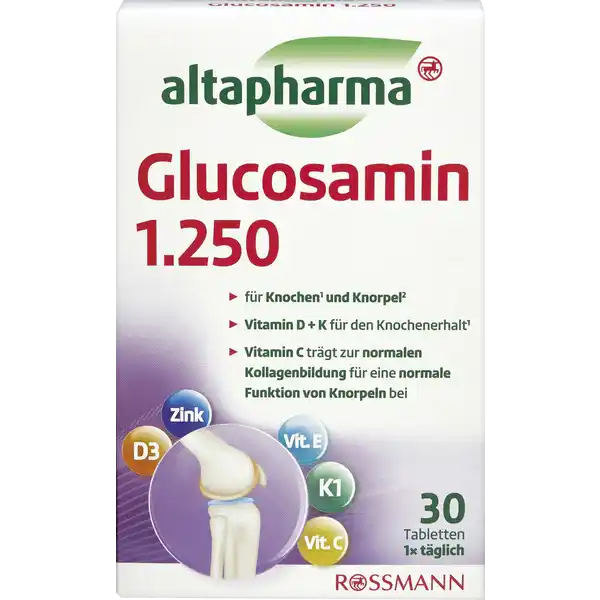 altapharma Glucosamin 1.250 Tabletten: Цвет: https://www.rossmann.de/de/gesundheit-altapharma-glucosamin-1250-tabletten/p/4305615971957
Produktbeschreibung und details Ein intakter Bewegungsapparat bietet die Grundlage fr Lebensqualitt in jedem Alter Tagtglich belasten wir die Knochen und Knorpel unseres Kpers und verlangen viel von diesen ab So ist fr eine gesunde Lebensweise nicht nur gengend schonende Bewegung sondern auch eine optimale Nhrstoffversorgung bei Menschen mit besonderem Bedarf ratsam Altapharma Glucosamin  untersttzt mit dem enthaltenen Vitamin C die normale Kollagenbildung und damit die normale Funktion von Knorpeln und Knochen Vitamin D und Vitamin K tragen zum Erhalt normaler Knochen bei Die normale Muskelfunktion wird von Vitamin D untersttzt Zustzlich tragen Vitamin E und Zink dazu bei die Zellen vor oxidativem Stress zu schtzen Die Rezeptur von altapharma Glucosamin  enthlt Vitamin C hochdosiertes Vitamin D sowie  mg GlucosaminsulfatDikaliumchlorid und ist um weitere ausgewhlte Nhrstoffe sinnvoll ergnzt Kontaktdaten Dirk Rossmann GmbH Isernhgener Sr   Burgwedel wwwrossmannde Zutaten GLUCOSAMINSULFATDIKALIUMCHLORID Fllstoff Mikrokristalline Cellulose LAscorbinsure Vitamin C Zinkgluconat Trennmittel Tricalciumphosphat berzugsmittel Hydroxypropylmethylcellulose DLalphaTocopherolacetat Vitamin E Cholecalciferol Vitamin D Trennmittel Magnesiumsalze der Speisefettsuren berzugsmittel Hydroxypropylcellulose Phytomenadion Vitamin K Nhrwerte Durchschnittliche Nhrwertangaben pro  Portion pro  g  Tablette Tagesdosis Referenzwert Nhrstoffbezugswerte Referenzmenge fr die tgliche Zufuhr gem Lebensmittelinformationsverordnung Energie  kj   kcal  kj   kcal Fett amplt  g  g davon  gesttigte Fettsuren amplt  g  g Kohlenhydrate  g  g davon  Zucker amplt  g amplt  g Eiwei  g amplt  g Salz  g  g NRV Zink  mg   Vitamin D  g   Vitamin E  mg   Vitamin K  g   Vitamin C  mg   Anwendung und Gebrauch x tglich eine Tablette mit ausreichend Wasser z B  Glas Wasser einnehmen Die empfohlene tgliche Verzehrmenge darf nicht berschritten werden Gebrauch Aufbewahrung und Verwendung Aufbewahrungs und Verwendungsbedingungen Unter  C trocken und vor Wrme und Licht geschtzt aufbewahren Auerhalb der Reichweite von kleinen Kindern aufbewahren Warnhinweise und wichtige Hinweise Warnhinweise Nahrungsergnzungsmittel sollten nicht als Ersatz fr eine abwechslungsreiche und ausgewogene Ernhrung sowie eine gesunde Lebensweise dienen Auerhalb der Reichweite von kleinen Kindern aufbewahren Verbraucher die mit CumarinAntikoagulantien behandelt werden sollten das Produkt nur nach Rcksprache mit dem Arzt anwenden denn Glucosamin kann die blutgerinnungshemmende Wirkung der Medikamente verstrken Verbraucher mit bekanntem Diabetes mellitus sollten ihren Blutzuckerspiegel berwachen lassen da es zu Wechselwirkungen mit dem Glukosestoffwechsel kommen kann