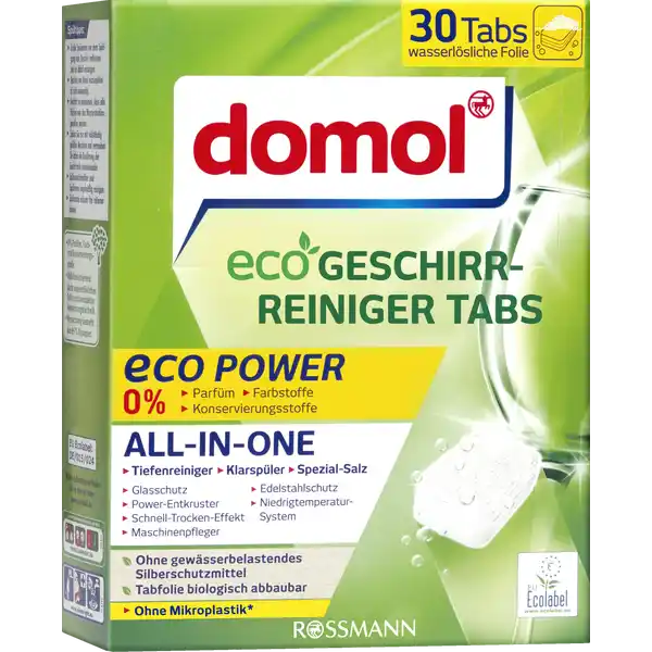 domol eco Geschirr-Reiniger Tabs: Цвет: https://www.rossmann.de/de/haushalt-domol-eco-geschirr-reiniger-tabs/p/4305615688091
Produktbeschreibung und details Freuen Sie sich auf eine kraftvolle Reinigung fr ein perfektes Glanzergebnis Rezeptur ohne Mikroplastik nach ECHA Definition Kontaktdaten Dirk Rossmann GmbH Isernhgener Str  wwwrossmannde       UrsprungslandHerkunftsort EU Testurteile Qualittssiegel ampamp Verbandszeichen Anwendung und Gebrauch Tab Folie nicht aufreien oder aufschneiden Tab mit Folie nur mit trockenen Hnden anfassen Geben Sie  Tab mit wasserlslicher Folie in die Dosierkammer Ihrer Geschirrsplmaschine Stellen Sie sicher dass die Klappe der Dosierkammer nicht versperrt wird Whlen Sie mglichst ein NiedrigtemperaturSplprogramm ab  C um Energie und Wasser zu sparen Verwenden Sie bei starker Verschmutzung Programme ab  C Tab nicht in den Besteckkorb oder in den Vorratsbehlter fr das Salz geben domol GeschirrReiniger Eco AllinOne erzielen auch ein sauberes und glnzendes Splergebnis selbst wenn die Kontrollleuchten fr Klarspler undoder Salz aufleuchten sofern vorhanden oder sich noch Klarspler undoder Salz in der Splmaschine befinden In beiden Fllen bleibt die Funktionsfhigkeit Ihrer Splmaschine vollstndig erhalten Eine zustzliche Verwendung von SpezialSalz und Klarspler ist nur bei hartem Wasser ab dH notwendig Den Wasserhrtebereich erfahren Sie bei Ihrem Wasserwerk Gebrauch Aufbewahrung und Verwendung Aufbewahrungs und Verwendungsbedingungen Fr alle Haushaltssplmaschinen geeignet Khl trocken und verschlossen aufbewahren Handbemalte Teile und Bleikristall sollten von Hand gesplt werden Direkten Kontakt zwischen Silber und Edelstahl vermeiden Aluminiumgeschirr Besteck mit Holzgriffen oder Holzbrettchen sind fr Splmaschinen nicht geeignet Glser knnen durch Aneinanderreiben whrend des Splgangs beschdigt werden Inhaltsstoffe  Bleichmittel auf Sauerstoffbasis Polycarboxylate amplt  nichtionische Tenside Phosphonate Enzyme ProteaseAmylase Warnhinweise und wichtige Hinweise Warnhinweise ACHTUNG Verursacht schwere Augenreizung Darf nicht in die Hnde von Kindern gelangen Ist rztlicher Rat erforderlich Verpackung oder Kennzeichnungsetikett bereithalten BEI KONTAKT MIT DEN AUGEN einige Minuten lang behutsam mit Wasser splen Eventuell vorhandene Kontaktlinsen nach Mglichkeit entfernen Weiter splen Bei anhaltender Augenreizung rztlichen Rat einholenrztliche Hilfe hinzuziehen BEI VERSCHLUCKEN bei Unwohlsein GIFTINFORMATIONSZENTRUMArzt anrufen Enthlt Subtilisin Kann allergische Reaktionen hervorrufen Detergenzienblatt Detergenzienblatt Laden Sie das Dokument zum Produkt als PDF herunter