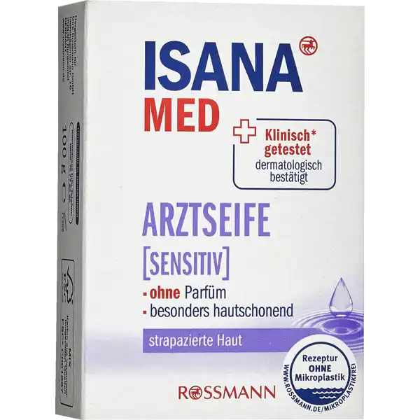 ISANA MED Arztseife sensitiv: Цвет: https://www.rossmann.de/de/pflege-und-duft-isana-med-arztseife-sensitiv/p/4305615629049
Produktbeschreibung und details Die ISANA Med Arztseife Sensitiv ist fr die Reinigung von empfindlicher und stark beanspruchter Haut geeignet Von Experten entwickelte Rezeptur  pflegt die Haut auch bei hufigem Waschen Mit hochwertigen Inhaltsstoffen wie Glyzerin und Bienenwachs Extra sanfte Pflege fr empfindliche Haut fr strapazierte Haut ohne Parfm besonders hautschonend klinisch getestet dermatologisch besttigt diese Rezeptur ist zu   ohne Mikroplastik Hautvertrglichkeit dermatologischklinisch besttigt  Testung gem Dermatest SterneSiegel wwwsternegarantiede Kontaktdaten Dirk Rossmann GmbH Isernhgener Str   Burgwedel wwwrossmannde   UrsprungslandHerkunftsort Deutschland Testurteile Qualittssiegel ampamp Verbandszeichen Inhaltsstoffe Sodium Palmate Sodium Cocoate Aqua Glycerin Lauryl Methyl Gluceth Hydroxypropyldimonium Chloride Sine Adipe Lac Glyceryl Stearate Se Cera Alba Sodium Chloride Tetrasodium Glutamate Diacetate