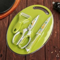 Набор кухонный, 4 предмета: нож, ножницы с антиналипающим покрытием, овощечистка, доска, цвет зелёный: 
