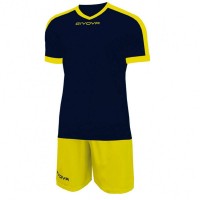 Givova Kit Revolution Football Jersey with Shorts navy yellow: Цвет: Brand: Givova Material: 100% polyester Brand logo embroidered in the middle of the chest and on the right leg Set consists of Jersey and Shorts Short sleeve V-neck Elastic waistband with inside drawstring Shorts without inner lining contrasting design regular fit comfortable to wear New, with label &amp; original packaging
https://www.sportspar.com/givova-kit-revolution-football-jersey-with-shorts-navy-yellow