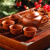 Набор для чайной церемонии керамический «Иероглиф», 5 предметов: чайник 200 мл, 4 пиалы, 25 мл, цвет коричневый: 