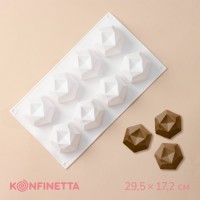 Форма силиконовая для муссовых десертов и выпечки KONFINETTA «Грани», 29,5?17,2 см, 8 ячеек (5,6?6,4?4,5 см), цвет белый: Цвет: Муссовый десерт — новое направление в кондитерском искусстве, которое многим пришлось по вкусу. Для приготовления вам пригодится этот незаменимый помощник каждой хозяйки.Изделие очень прочное и гибкое — готовый десерт легко извлекается из формы. Он будет выглядеть красиво и аккуратно, не пригорит и не прилипнет к стенкам, лакомства выпекаются быстро и легко.<h4>Рекомендации к применению</h4><ul class="round-ul"><li>Перед первым использованием необходимо вымыть форму под тёплой водой.Поставьте изделие на горизонтальную поверхность, чтобы мусс или тесто распределились равномерно.После выпечки дайте форме полностью остыть, так десерт будет легче извлечь.Очистить изделие просто — достаточно промыть его в тёплой воде с добавлением моющего средства и просушить.Готовьте с удовольствием!Большой выбор форм для муссовых десертов вы найдёте в <a href="https://www.sima-land.ru/posuda/kuhonnye-prinadlezhnosti-i-instrumenty/konditerskie-prinadlezhnosti-i-inventar-dlya-vypechki/formy-dlya-vypechki/dlya-mussovykh-desertov-fpc/p2/?sort=rank&amp;per-page=100&amp;viewtype=list" target="_blank">специальном разделе</a>.
: KONFINETTA
: Китай
