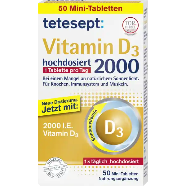 tetesept Vitamin D3 2000 hochdosiert: Цвет: Produktbeschreibung und details Mit  IE   g hochdosiertem Vitamin D fr eine normale Funktion des Immunsystems und zum Erhalt einer normalen Muskelfunktion sowie normaler Knochen ampamp Zhne  Tablette pro Tag bei einem Mangel an natrlichem Sonnenlicht fr Knochen Immunsystem ampamp Muskeln Lebensmittelunternehmer Name tetesept pharma gmbh Adresse  Frankfurt wwwteteseptde Rechtlich vorgeschriebene Produktbezeichnung Nahrungsergnzungsmittel mit Vitamin D Zutaten Fllstoff Mikrokristalline Cellulose Trennmittel Magnesiumsalze der Speisefettsuren berzugsmittel Hydroxypropylmethylcellulose Hydroxypropylcellulose Farbstoff Titandioxid Trennmittel Talkum l pflanzlich Kokosnuss Trennmittel Speisefettsuren Cholecalciferol Vitamin D Farbstoff Eisenoxid gelb Nhrwerte Durchschnittliche Nhrwertangaben pro  Portion  Tablette NRV Vitamin D  g   Anwendung und Gebrauch x tglich eine Tablette mit ausreichend Flssigkeit unzerkaut verzehren Gebrauch Aufbewahrung und Verwendung Aufbewahrungs und Verwendungsbedingungen Vor Hitze und direkter Lichteinstrahlung schtzen Fr Kinder unzugnglich aufbewahren Warnhinweise und wichtige Hinweise Warnhinweise Nahrungsergnzungsmittel sind kein Ersatz fr eine abwechslungsreiche und ausgewogene Ernhrung die zusammen mit einer gesunden Lebensweise von Bedeutung ist Die empfohlene tgliche Verzehrmenge darf nicht berschritten werden Fr Erwachsene Es drfen zustzlich keine anderen Vitamin Dhaltigen Prparate verzehrt werden
https://www.rossmann.de/de/gesundheit-tetesept-vitamin-d3-2000-hochdosiert/p/4008491277297