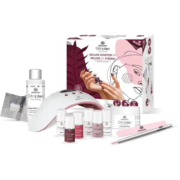 Alessandro STRIPLAC PEEL OR SOAK Deluxe Starter Kit: Цвет: Produktbeschreibung und details Professionelle Manikre fr zu Hause Das Starter Set von alessandro mit verstrktem LEDSystem ist das Musthave fr schne Ngel  bis zu  Wochen Haltbarkeit ampamp Hochglanz bis zum letzten Tag Du sehnst Dich nach einem Nagellack der lange hlt aussieht wie Gel zu Hause angewendet und entfernt werden kann und keine lstige Trocknungszeit hat Ein Produkt mit direkt zwei Lsungen  Striplac Peel or Soak Easy ampamp schnell aufzutragen mit perfektem Glanz bis zum letzten Tag Entdecke das brandneue DELUXE STARTER KIT und lege gleich los Und das Beste daran Mit ber  Farben ist fr jeden Style der passende Lack dabei Das Striplac Peel or Soak DELUXE STARTER KIT umfasst alle Produkte die fr eine StriplacLackierung bentigt werden inklusive zwei Striplac Peel or Soak Trendfraben einer LEDLampe zum schnellen Aushrten der Striplac Nagellacke Einmal mit diesem Kit ausgestattet kannst Du dieses durch neue Farben ergnzen Das Beste STRIPLAC ist VEGAN und TIERVERSUCHSFREI Striplac Peel or Soak ist das MustHave fr jede Frau die Wert auf schne Ngel legt Ngel wie aus dem Nagelstudio in etwa  Minuten Striplac ist ein einzigartiger Nagellack der wesentlich lnger hlt als herkmmlicher Nagellack  bis zu drei Wochen Hochglanz bis zum letzten Tag Striplac kann einfach und streifenfrei aufgetragen werden deckt bereits nach der ersten Anwendung ist kratz und splitterfest Keine lstige Trockenzeit denn Striplac hrtet in  Sekunden im LEDGert Das Ergebnis ist eine perfekte UVLEDManikre wie aus dem Nagelstudio Zum schnellen Ablsen gibt es zwei Mglichkeiten Schnelle PeelOff or SoakOff Lsung Durch den PeelOff Aktivator lsst sich der Striplac einfach vom Nagel abziehen oder Sie nutzen die SoakOff Remover Wraps zum Ablsen Der Lack ist mit beiden Lsungen rckstandslos zu entfernen Inhalt  LED Lampe Peel or Soak Velvet Red   ml Peel or Soak Heavens Nude  Shimmer  ml Peel or Soak Panama Hut Shimmer   ml Peel or Soak Be my Lover   ml Peel or Soak Top Coat  ml x Soak off Remover Pads Peel off Activator  ml x Reinigungspads  Polierfeile Hufstbchen Soak off Liquid  ml Kontaktdaten alessandro International GmbH Erkrather Strae a D Dsseldorf Anwendung und Gebrauch STEP  Nagel mit dem Reinigungspad entfetten und mit Step Feile polieren Tipp Folie der Reinigungspads nicht vollstndig abziehen um Austrocknen vorzubeugen STEP  Farbe auswhlen und eine dnne Farbschicht auftragen STEP  x fr  Sekunden unter dem Strong Pearl LEDLichtgert aushrten STEP  Top Coat auftragen ampamp fr  Sekunden unter dem Strong Pearl LEDLichtgert aushrten STEP  Schwitzschicht mit dem Reinigungspad entfernen ampamp fertig Gebrauch Aufbewahrung und Verwendung Aufbewahrungs und Verwendungsbedingungen Khl und trocken lagern Vor Sonnenlicht schtzen Inhaltsstoffe STRIPLAC PEEL OR SOAK VELVET RED ALIPHATIC POLYESTERURETHANE ACRYLATE TRIETHYLENE GLYCOL DIMETHACRYLATE HEMA MALEATE ALIPHATIC URETHANE ACRYLATE ETHYL ACETATE BUTYL ACETATE ETHYL TRIMETHYLBENZOYL PHENYLPHOSPHINATE NITROCELLULOSE SILICA DIMETHYL SILYLATE LAURYL POLYNEOPENTYL GLYCOL ADIPATE PHTALATEPEI CROSSPOLYMERLAURYL POLYNEOPENTYL GLYCOL ADIPATE ACETYL TRIBUTYL CITRATE ISOPROPYL ALCOHOL ACRYLATES COPOLYMER TRIPROPYLENE GLYCOL DIACRYLATE CI  DIMETHICONE LAURIC ACID CI  BIOTIN CAFFEINE BHT AQUA WATER PHOSPHORIC ACID POLYESTER CI  CI  HYDROLYZED CORN PROTEIN HYDROLYZED SOY PROTEIN HYDROLYZED WHEAT PROTEIN PHOSPHORIC ACID PHENOXYETHANOL MEK CI  STRIPLAC PEEL OR SOAK BE MY LOVER ALIPHATIC POLYESTERURETHANE ACRYLATE TRIETHYLENE GLYCOL DIMETHACRYLATE HEMA MALEATE ALIPHATIC URETHANE ACRYLATE ETHYL ACETATE BUTYL ACETATE ETHYL TRIMETHYLBENZOYL PHENYLPHOSPHINATE SILICA DIMETHYL SILYLATE NITROCELLULOSE LAURYL POLYNEOPENTYL GLYCOL ADIPATE PHTALATEPEI CROSSPOLYMERLAURYL POLYNEOPENTYL GLYCOL ADIPATE CI  ACETYL TRIBUTYL CITRATE ISOPROPYL ALCOHOL PHOSPHORIC ACID POLYESTER ACRYLATES COPOLYMER CI  TRIPROPYLENE GLYCOL DIACRYLATE DIMETHICONE LAURIC ACID BIOTIN CAFFEINE BHT AQUA WATER CI  CI  HYDROLYZED CORN PROTEIN HYDROLYZED SOY PROTEIN HYDROLYZED WHEAT PROTEIN PHOSPHORIC ACID PHENOXYETHANOL MEK CI  STRIPLAC PEEL OR SOAK PANAMA HUT ALIPHATIC POLYESTERURETHANE ACRYLATE TRIETHYLENE GLYCOL DIMETHACRYLATE HEMA MALEATE ALIPHATIC URETHANE ACRYLATE ETHYL ACETATE BUTYL ACETATE ETHYL TRIMETHYLBENZOYL PHENYLPHOSPHINATE CI  SILICA DIMETHYL SILYLATE NITROCELLULOSE LAURYL POLYNEOPENTYL GLYCOL ADIPATE PHTALATEPEI CROSSPOLYMERLAURYL POLYNEOPENTYL GLYCOL ADIPATE ACETYL TRIBUTYL CITRATE ISOPROPYL ALCOHOL PHOSPHORIC ACID POLYESTER ACRYLATES COPOLYMER TRIPROPYLENE GLYCOL DIACRYLATE DIMETHICONE LAURIC ACID MICA BIOTIN CAFFEINE BHT AQUA WATER CI  CI  HYDROLYZED CORN PROTEIN HYDROLYZED SOY PROTEIN HYDROLYZED WHEAT PROTEIN CI  PHOSPHORIC ACID PHENOXYETHANOL MEK CI  STRIPLAC PEEL OR SOAK HEAVENS NUDE ALIPHATIC POLYESTERURETHANE ACRYLATE TRIETHYLENE GLYCOL DIMETHACRYLATE HEMA MALEATE ETHYL ACETATE BUTYL ACETATE NITROCELLULOSE SILICA DIMETHYL SILYLATE LAURYL POLYNEOPENTYL GLYCOL ADIPATE PHTALATEPEI CROSSPOLYMERLAURYL POLYNEOPENTYL GLYCOL ADIPATE ACETYL TRIBUTYL CITRATE ISOPROPYL ALCOHOL ACRYLATES COPOLYMER TRIPROPYLENE GLYCOL DIACRYLATE CI  ETHYL TRIMETHYLBENZOYL PHENYLPHOSPHINATE DIMETHICONE ALIPHATIC URETHANE ACRYLATE MICA LAURIC ACID BIOTIN CAFFEINE AQUA WATER PHOSPHORIC ACID POLYESTER TRIETHOXYCAPRYLYLSILANE HYDROLYZED CORN PROTEIN HYDROLYZED SOY PROTEIN HYDROLYZED WHEAT PROTEIN BHT PHENOXYETHANOL MEK CI  PHOSPHORIC ACID CI  CLEANSING PADS ALCOHOL DENAT PARFUM FRAGRANCE LINALOOL PEEL OR SOAK OFF LED TOP COAT ALIPHATIC POLYESTERURETHANE ACRYLATE TRIETHYLENE GLYCOL DIMETHACRYLATE ETHYL ACETATE BUTYL ACETATE ETHYL TRIMETHYLBENZOYL PHENYLPHOSPHINATE NITROCELLULOSE ACETYL TRIBUTYL CITRATE ISOPROPYL ALCOHOL ACRYLATES COPOLYMER MEK CI  PEEL OFF ACTIVATOR AQUA WATER ETHYL ACETOACETATE BUTYLENE GLYCOL TRIDECETH DICAPRYLYL ETHER PHENETHYL ALCOHOL SODIUM LAURYL SULFATE MENTHA ARVENSIS LEAF OIL MENTHA VIRIDIS SPEARMINT LEAF OIL LIMONENE CI  BLUE SOAK OFF LIQUID ACETONE PARFUM FRAGRANCE BENZYL ALCOHOL Warnhinweise und wichtige Hinweise Warnhinweise SPEZIALLACK DER UNTER LEDLICHT HRTET  ZUM PEELEN ODER SOAKEN Hautkontakt vermeiden Anwendungshinweise bitte sorgfltig lesen Kann allergische Hautreaktionen verursachen Verursacht schwere Vertzungen der Haut und schwere Augenschden Nicht bei verletzten oder entzndeten Ngeln anwenden Bei Auftreten von Hautrtungen oder allergischen Reaktionen Kontakt mit dem Produkt sofort einstellen und ggfArzt aufsuchen Darf nicht in die Hnde von Kindern gelangen REINIGUUNGSPADS Flssigkeit und Dampf leicht entzndbar Von Hitze heien Oberfl chen Funken o enen Flammen sowie anderen Zndquellen fernhalten Nicht rauchen Erwrmung kann Brand oder Explosion verursachen SPEZIALENTFERNER Leicht entzndlich Reizt die Augen Dmpfe knnen Schlfrigkeit und Benommenheit verursachen Darf nichtin die Hnde von Kindern gelangen Das Behltnis in gut gelfteten Rumen aufbewahren Nur in gut belfteten Rumen anwenden Nicht rauchen Nicht auf verletzter und entzndeter Haut anwenden Nicht in die Augen und auf Schleimhute bringen Behlter dicht verschlossen halten Das Soak O Liqiuid kann bei unvorhersehbarem Gebrauch Oberflchen angreifen bzw aufl sen die nicht acetonresistent sind Bitte vorsichtig anwenden und ausschlielich dievorgesehenen Arbeitsmittel verwenden Kontakt mit angreifbaren Oberflchen und anderen Arbeitsmitteln vermeiden und ggf schtzen PEELOFF AKTIVATOR Fr Kinder unzugnglich aufbewahren Kann allergische Hautreaktionen verursachen Verursacht schwere Augenschden Schdlich fr Wasserorganismen mit langfristiger Wirkung VOR DIREKTER SONNENEINSTRAHLUNG SCHTZEN VOR GEBRAUCH DIE BEDIENUNGSANLEITUNG SORGFLTIG LESEN
https://www.rossmann.de/de/make-up-alessandro-striplac-peel-or-soak-deluxe-starter-kit/p/4025087485249