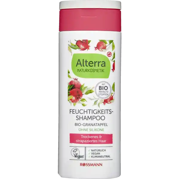 Alterra NATURKOSMETIK Feuchtigkeits-Shampoo: Цвет: Produktbeschreibung und details Stillen Sie den Durst Ihrer Haare  mit der HydroFormel im Alterra FeuchtigkeitsShampoo Die Kombination mit wasserspeichernder BioAloe Vera und BioGranatapfel versorgt Ihre Haare mit natrlicher Feuchtigkeit fr trockenes und strapaziertes Haar ohne Silikone Klimaneutral zertifizierte Naturkosmetik vegan Weiterfhrende Informationen zum Thema Klimaneutralitt finden Sie unter rossmanndeklimaneutral und unter climatepartnercom Kontaktdaten Dirk Rossmann GmbH Isernhgener Strae   Burgwedel wwwrossmannde Testurteile Qualittssiegel ampamp Verbandszeichen Anwendung und Gebrauch Im nassen Haar verteilen einmassieren und mit ausreichend klarem Wasser aussplen Als optimale Ergnzungspflege empfehlen wir Ihnen die Alterra Splung und die Alterra Haarkur BioGranatapfel ampamp BioAloe Vera Inhaltsstoffe Aqua Sodium CocoSulfate Lauryl Glucoside Glycerin Cocamidopropyl Betaine Lauroyl Sarcosine Punica Granatum Juice Extract Aloe Barbadensis Leaf Juice Powder Acacia Farnesiana Flower Extract Hydroxypropyl Guar Hydroxypropyltrimonium Chloride Alcohol denat Levulinic Acid Sodium Levulinate Parfum Linalool Limonene Geraniol  ingredients from certified organic agriculture  from natural essential oils
https://www.rossmann.de/de/pflege-und-duft-alterra-naturkosmetik-feuchtigkeits-shampoo/p/4305615307718