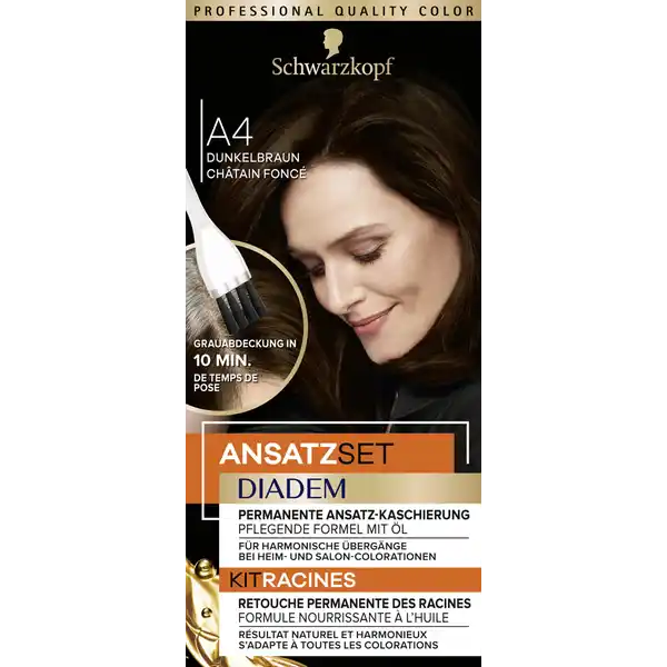 Schwarzkopf Diadem Ansatzset A4 Dunkelbraun: Цвет: Produktbeschreibung und details Verwenden Sie das DIADEM Ansatzset fr eine permanente AnsatzKaschierung fr harmonische bergnge  bei allen Heim und SalonColorationen Fr eine permanente AnsatzKaschierung in nur  Minuten Entdecken Sie den einfachen Weg um Ihre Anstze zwischen zwei Colorationen loszuwerden Extra pflegende Formel Die nhrende Formel mit l umhllt jedes Haar fr eine optimale Aufnahme der Farbpigmente und eine zustzliche Pflege der Haare Das bewhrte ColorMatchSystem des DIADEM Ansatzsets sorgt fr eine harmonische Kaschierung der bergnge  unabhngig von der Coloration die Sie vorher verwendet haben Die pflegende Formel mit l umhll jedes Haar vollstndig und sorgt dank des hochprzisen AnsatzPinsels fr eine Grauabdeckung in  Minuten permanente AnsatzKaschierung pflegende Formel mit l fr harmonische bergnge bei Heim und SalonColorationen Grauabdeckung in  Minuten Kontaktdaten Schwarzkopf ampamp Henkel a division of Henkel AG ampamp Co KGaA D Dsseldorf wwwschwarzkopfde Anwendung und Gebrauch  Geben Sie die ColorCreme und die Entwickleremulsion in die Anmischschale  Mischen Sie grndlich bis eine gleichmige Creme entsteht  Die Mischung nun gleichmig auf trockenem Haar und an dem sichtbaren Ansatz am Scheitel sowie an den Gesichtskonturen auftragen  Nach Ablauf der Einwirkzeit grndlich aussplen Die Entwicklerflasche bitte grndlich leeren Gebrauch Aufbewahrung und Verwendung Aufbewahrungs und Verwendungsbedingungen Darf nicht in die Hnde von Kindern gelangen Inhaltsstoffe ColorCreme Aqua Water Eau Cetearyl Alcohol Paraffinum Liquidum Mineral Oil Huile Minrale Ammonium Hydroxide Sodium Laureth Carboxylate Coconut Alcohol Sodium Myreth Sulfate Ceteareth Potassium Hydroxide Resorcinol Acrylamidopropyltrimonium ChlorideAcrylates Copolymer CocoGlucoside Glyceryl Oleate Ceteareth Ceteareth Sodium Sulfite Parfum Fragrance mAminophenol Sodium Silicate Etidronic Acid Ascorbic Acid Sodium Chloride Citric Acid Ammonium Sulfate AminoHydroxythylaminoanisole Sulfate Phenoxyethanol AlphaIsomethyl Ionone Benzyl Alcohol Methylparaben Ethylparaben Entwickleremulsion Aqua Water Eau Hydrogen Peroxide Cetearyl Alcohol Paraffinum Liquidum Mineral Oil Huile Minrale Ceteareth Propylene Glycol Etidronic Acid Dicarboxypyridine Disodium Pyrophosphate Potassium Hydroxide Sodium Benzoate Warnhinweise und wichtige Hinweise Warnhinweise Haarfrbemittel knnen schwere allergische Reaktionen hervorrufen Bitte folgende Hinweise lesen und beachten Dieses Produkt ist nicht fr Personen unter  Jahren bestimmt Temporre Ttowierungen mit quotschwarzem Hennaquot knnen das Allergierisiko erhhen Frben Sie Ihr Haar nicht  wenn Sie einen Ausschlag im Gesicht haben oder wenn Ihre Kopfhaut empfindlich gereizt oder verletzt ist  wenn Sie schon einmal nach dem Frben Ihrer Haare eine Reaktion festgestellt haben  wenn eine temporre Ttowierung mit quotschwarzem Hennaquot bei Ihnen schon einmal eine Reaktion verursacht hat Enthlt Wasserstoffperoxid Phenylendiamine Toluylendiamine Resorcin und Ammoniak Kontakt mit den Augen vermeiden Sofort Augen splen falls das Erzeugnis mit den Augen in Berhrung gekommen ist Nicht zur Frbung von Wimpern und Augenbrauen verwenden Nach der Anwendung die Haare gut splen Geeignete Handschuhe tragen Fhren Sie einen Allergieverdachtstest  Stunden vor jeder Anwendung einer Haarcoloration durch auch wenn Sie schon frher Haarcolorationen angewendet haben Daher denken Sie bitte daran das Produkt  Stunden vor der Anwendung zu kaufen Falls hierbei eine Hautunvertrglichkeit auftritt oder Zweifel bestehen fragen Sie bitte einen Hautarzt bevor Sie eine Haarcoloration anwenden
https://www.rossmann.de/de/pflege-und-duft-schwarzkopf-diadem-ansatzset-a4-dunkelbraun/p/4015100707656