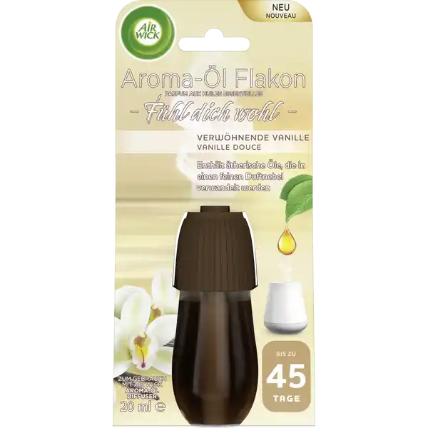 Air Wick Fhl dich wohl Aromal Flakon Nachfller Verwhnende Vanille: Цвет: Produktbeschreibung und details enthlt therische le die in einen feinen Duftnebel verwandelt werden zum Gebrauch mit Air Wick Aromal Diffuser hlt bis zu  Tage Kontaktdaten RB Hygiene Home Deutschland GmbH Darwinstr   Heidelberg wwwairwickde    Anwendung und Gebrauch Lesen Sie bitte vor Inbetriebnahme des Gertes die Gebrauchs und Sicherheitshinweise SORGFLTIG durch und bewahren diese gut auf Zur Inbetriebnahme des Aromal Diffusers das Gert nach oben abschrauben und die Batterien einsetzen Dann den Deckel des Aromal Flakons abschrauben und das Flakon in den Diffuser hineindrcken bis es im Gert einrastet Anschlieend die Haube des Gerts wieder aufsetzen Durch Schieben des Reglers auf eine der  Intensittsstufen wird das Gert eingeschaltet es leuchtet dann kurz blau auf Sobald eingeschaltet verbreitet der Aromal Diffuser fr  Stunden einen angenehmen Duftnebel in der eingestellten Intensitt und Hufigkeit Nach den  Stunden in Betrieb geht der Diffuser automatisch in einen StandbyModus fr  Stunden und beginnt wieder von vorne Um die Startzeit zu verndern den Diffuser einmal ausschalten und dann am neuen gewnschten Startzeitpunkt wieder auf einschalten Zum Austausch des Flakons wie oben beschrieben vorgehen Inhaltsstoffe Hydrocarbons CC isoalkanes cyclics weniger als  aromatics Hydrocarbons CC isoalkanes weniger als  aromatics Warnhinweise und wichtige Hinweise Warnhinweise GEFAHR Kann bei Verschlucken und Eindringen in die Atemwege tdlich sein Ist rztlicher Rat erforderlich Verpackung oder Kennzeichnungsetikett bereithalten BEI VERSCHLUCKEN Sofort GIFTINFORMATIONSZENTRUM Arzt anrufen KEIN Erbrechen herbeifhren Unter Verschluss aufbewahren InhaltBehlter gem den lokalenregionalen Vorschriften der Entsorgung zufhren Enthlt Emethylmethylphenylpropenol Limonene Kann allergische Reaktionen hervorrufen SCHALTEN SIE DEN TIMER IMMER AUS BEVOR SIE EINEN FLAKON EINSETZEN Lagern Sie den einmal geffneten Flakon nicht auerhalb des Diffusers Nicht unbeaufsichtigt lassen Leeren Flakon sicher und entfernt von Kindern entsorgen Nur in gut gelfteten Rumen gem Anweisungen verwenden AUSSER REICHWEITE VON KINDERN UND HAUSTIEREN AUFBEWAHREN NICHT VERSCHLUCKEN Personen die auf Duftstoffe empfindlich reagieren sollten dieses Produkt mit Vorsicht verwenden Raumdfte sind kein Ersatz fr gute Haushaltshygiene Nur zur Verwendung im Air Wick Aromal Diffuser
https://www.rossmann.de/de/haushalt-air-wick-fuehl-dich-wohl-aroma-oel-flakon-nachfueller-verwoehnende-vanille/p/4251758402981