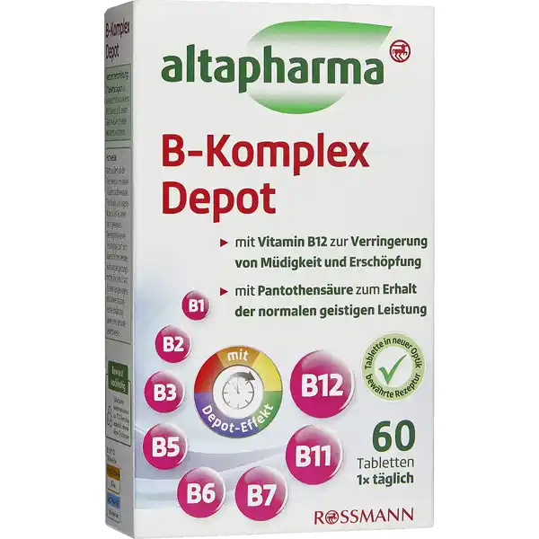 altapharma B-Komplex Depot: Цвет: Produktbeschreibung und details BVitamine knnen vom Krper nicht selbst gebildet werden Sie spielen eine Rolle im normalen Energiestoffwechsel bei der Blutbildung und tragen zur normalen Funktion des Nervensystems bei Vitamin B Pantothensure und Niacin haben einen Anteil am normalen Energiestoffwechsel Vitamin B Vitamin B und Vitamin B sind an der normalen Funktion des Nervensystems beteiligt Pantothensure trgt zur normalen geistigen Leistung bei Folsure und Vitamin B spielen eine Rolle bei der normalen Blutbildung und untersttzen die Funktion der Zellteilung Folsure trgt darber hi naus zum Wachstum des mtterlichen Gewebes whrend der Schwangerschaft bei Folsure leistet einen Beitrag fr den normalen HomocysteinStoffwechsel Niacin Vitamin B Vitamin B und Vitamin B knnen zur Verminderung von Mdigkeit und Erschpfung beitragen glutenfrei laktosefrei vegan Lebensmittelunternehmer Name Dirk Rossmann GmbH Adresse Isernhgener Strae   Burgwedel wwwrossmannde UrsprungslandHerkunftsort Deutschland Testurteile Qualittssiegel ampamp Verbandszeichen Rechtlich vorgeschriebene Produktbezeichnung Nahrungsergnzungsmittel mit Vitaminen Zutaten Fllstoffe Cellulose Hydroxyprophylmethylcellulose CalciumDpantothenat Nicotinamid Pyridoxinhydrochlorid Thiaminhydrochlorid Riboflavin Fllstoff Calciumcarbonat berzugsmittel Hydroxyprophylmethylcellulose Trennmittel Magnesiumsalze der Speisefettsuren Siliciumdioxid Talkum Pteroylmonoglutaminsure DBiotin Verdickungsmittel Gummi arabicum Emulgator Polysorbat  Farbstoffe Eisenoxide und Eisenhydroxide Cyanocobalamin Nhrwerte Durchschnittliche Nhrwertangaben pro  g pro  Portion pro Tagesdosis  Tablette Energie  kj   kcal amplt  kj   kcal Fett  g amplt  g davon  gesttigte Fettsuren  g amplt  g Kohlenhydrate  g amplt  g davon  Zucker  g amplt  g Eiwei amplt  g amplt  g Salz  g amplt  g NRV Vitamin B Thiamin  mg   Vitamin B Riboflavin  mg   Niacin  mg   Vitamin B  mg   Folsure  g   Vitamin B  g   Biotin  g   Pantothensure  mg   Anwendung und Gebrauch Verzehrempfehlung  Tablette tglich unzerkaut mit ausreichend Flssigkeit zB einem Glas Wasser zu einer Mahlzeit verzehren Gebrauch Aufbewahrung und Verwendung Aufbewahrungs und Verwendungsbedingungen Trocken vor Wrme und vor Licht geschtzt aufbewahren Warnhinweise und wichtige Hinweise Warnhinweise Bitte auerhalb der Reichweite von kleinen Kindern aufbewahren Fr Kinder und Jugendliche unter  Jahren nicht geeignet Die empfohlene Verzehrsmenge darf nicht berschritten werden Nahrungsergnzungsmittel sind kein Ersatz fr eine ausgewogene und abwechslungsreiche Ernhrung sowie eine gesunde Lebensweise
https://www.rossmann.de/de/gesundheit-altapharma-b-komplex-depot/p/4305615619484