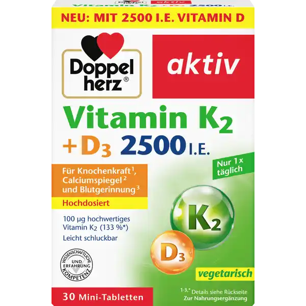 Doppelherz Vitamin K2 + D3 2000 I.E. 30 Tabletten: Цвет: https://www.rossmann.de/de/gesundheit-doppelherz-vitamin-k2--d3-2000-ie-30-tabletten/p/4009932136616
Produktbeschreibung und details Gesunde Knochen sind in jedem Alter wichtig denn sie bilden das Gerst unseres Krpers Fr den Knochenerhalt spielen Vitamin K und Vitamin D eine wichtige Rolle Vitamin D und K tragen im Zusammenspiel zum Erhalt gesunder Knochen bei Vitamin D trgt zu einer normalen Aufnahme und Verwertung von Calcium bei So dient es als quotEinbauhelferquot fr das aus der Nahrung aufgenommene Knochenmineral Calcium Eine Tablette enthlt  g Vitamin K in Form von Menachinon MK Das ist ein hochwertiges Vitamin K und kann vom menschlichen Krper gut aufgenommen werden Daneben enthlt die Tablette  g Vitamin D Dies entspricht  IE Internationale Einheiten Lebensmittelunternehmer Name Queisser Pharma GmbH ampamp Co KG Adresse Schleswiger Str   Flensburg Rechtlich vorgeschriebene Produktbezeichnung Nahrungsergnzungsmittel Tabletten mit Vitamin K und Vitamin D Zutaten Fllstoff Calciumcarbonat Fllstoff mikrokristalline Cellulose Maltodextrin berzugsmittel Hydroxypropylmethylcellulose Fllstoff Isomalt Trennmittel Magnesiumsalze der Speisefettsuren mittelkettige Triglyceride Vitamin K Vitamin D berzugsmittel Carnaubawachs Nhrwerte Durchschnittliche Nhrwertangaben pro  Portion  Tablette Tagesdosis Referenzwert Nhrstoffbezugswerte gem EUVerordnung  NRV Vitamin D  g   Vitamin K  g   Anwendung und Gebrauch Einmal tglich  Tablette zu einer Mahlzeit mit ausreichend Flssigkeit einnehmen Gebrauch Aufbewahrung und Verwendung Aufbewahrungs und Verwendungsbedingungen Trocken und nicht ber  C lagern Warnhinweise und wichtige Hinweise Warnhinweise Die angegebene empfohlene tgliche Verzehrsmenge darf nicht berschritten werden Nahrungsergnzungsmittel sind kein Ersatz fr eine ausgewogene und abwechslungsreiche Ernhrung und eine gesunde Lebensweise Nahrungsergnzungsmittel sind kein Ersatz fr eine ausgewogene und abwechslungsreiche Ernhrung und eine gesunde Lebensweise Fr kleine Kinder unzugnglich aufbewahren Fr Kinder Jugendliche und Schwangere nicht geeignet Es wird empfohlen bei lngerer Einnahme den Vitamin DSpiegel im Blut berprfen zu lassen Weitere Vitamin Dhaltige Nahrungsergnzungsmittel oder Arzneimittel sollten nicht ohne rztliche Rcksprache eingenommen werdenBei erhhtem Calciumspiegel im Blut Hypercalcimie oder einer erhhten Calciumkonzentration im Harn Hypercalciurie darf das Produkt nicht angewendet werden Bei Einnahme von Blutgerinnungshemmern nur nach Rcksprache mit dem Arzt verwenden