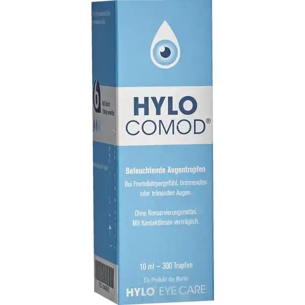 HYLO COMOD befeuchtende Augentropfen: Цвет: https://www.rossmann.de/de/gesundheit-hylo-comod-befeuchtende-augentropfen/p/2050000000584
Produktbeschreibung und details bei Fremdkrpergefhl brennenden oder trnenden Augen ohne Konservierungsmittel mit Kontaktlinsen vertrglich Medizinprodukt Kontaktdaten URSAPHARM Arzneimittel GmbH Industriestrae D Saarbrcken Anwendung und Gebrauch Zur verbesserten Befeuchtung der Augenoberflche bei umgebungsbedingten Befindlichkeitsstrungen wie trockene Augen Fremdkrpergefhl oder Brennen der Augen sowie nach operativen Eingriffen am Auge Gebrauch Aufbewahrung und Verwendung Aufbewahrungs und Verwendungsbedingungen Nicht ber  C lagern Nach Anbruch  Monate verwendbar Inhaltsstoffe Natriumhyluronat  mgml Warnhinweise und wichtige Hinweise Warnhinweise  ml sterile phosphatfreie Lsung zur Anwendung am Auge