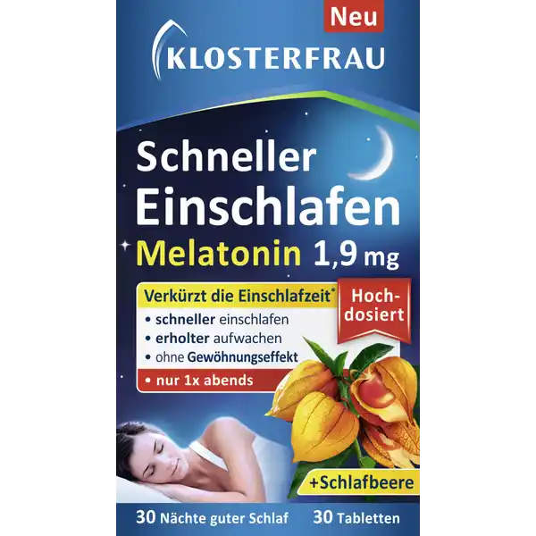 Klosterfrau Schneller Einschlafen Tabletten: Цвет: https://www.rossmann.de/de/gesundheit-klosterfrau-schneller-einschlafen-tabletten/p/4008617018797
Produktbeschreibung und details Stress im Alltag aber auch Schichtarbeit Medienkonsum oder Jetlag knnen den TagNachtRhythmus stren Das Einschlafen wird erschwert KLOSTERFRAU Schneller Einschlafen mit  mg Melatonin verkrzt die Einschlafzeit Melatonin ist ein krpereigener Botenstoff der den natrlichen Schlaf frdert und den SchlafWachRhythmus stabilisiert KLOSTERFRAU Schneller Einschlafen enthlt zustzlich SchlafbeerenBltter und Wurzel Extrakt Der Spezialextrakt der Schlafbeere hilft ebenfalls schneller einzuschlafen Denn nur wer gut schlft kann auch erholt aufwachen vegan glutenfrei laktosefrei Lebensmittelunternehmer Name MCM Klosterfrau Vertriebs GmbH Adresse D Kln  Rechtlich vorgeschriebene Produktbezeichnung Nahrungsergnzungsmittel mit Schlafbeeren Bltter und Wurzel Extrakt und Melatonin Zutaten Fllstoffe Cellulose Calciumphosphate SchlafbeerenBltter und Wurzel Extrakt Trennmittel Magnesiumsalze der Speisefettsuren Siliciumdioxid Talkum berzugsmittel Hydroxypropylmethylcellulose Zuckerester von Speisefettsuren Polyethylenglycol Carnaubawachs Melatonin Reisstrke Farbstoff Betenrot frbende Lebensmittel Konzentrate aus Frberdistel Zitrone Spirulina Algen und Apfel Anwendung und Gebrauch  Tablette tglich ca  Stunde vor dem Schlafengehen mit etwas Flssigkeit unzerkaut schlucken Gebrauch Aufbewahrung und Verwendung Aufbewahrungs und Verwendungsbedingungen Bitte trocken und nicht ber  C lagern Auerhalb der Reichweite von kleinen Kindern lagern Warnhinweise und wichtige Hinweise Warnhinweise Nahrungsergnzungsmittel sollten nicht als Ersatz fr eine ausgewogene und abwechslungsreiche Ernhrung verwendet werden oder eine gesunde Lebensweise ersetzen Die angegebene empfohlene tgliche Verzehrsmenge darf nicht berschritten werden Nicht fr Schwangere Stillende sowie Kinder und Jugendliche geeignet