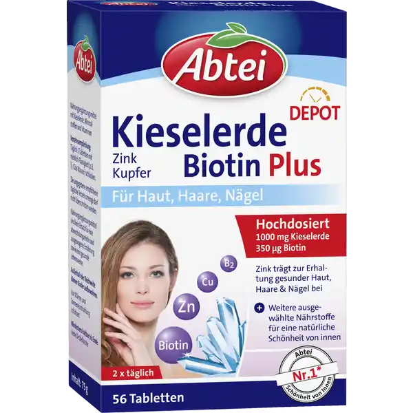 Abtei Kieselerde Biotin Plus: Цвет: https://www.rossmann.de/de/gesundheit-abtei-kieselerde-biotin-plus/p/4250752204560
Produktbeschreibung und details Abtei Kieselerde Biotin Plus kombiniert Kieselerde mit wichtigen Nhrstoffen fr die Schnheit von innen Das Besondere an Abtei Kieselerde Biotin Plus ist der Depoteffekt der die Nhrstoffe ber mehrere Stunden hinweg an den Krper abgibt sodass eine kontinuierliche Versorgung mit den wichtigen Mikronhrstoffen sichergestellt wird glutenfrei laktosefrei gelatinefrei vegan Lebensmittelunternehmer Name ABTEI OP Pharma GmbH Adresse Abtei  D   Marienmnster wwwabteide Rechtlich vorgeschriebene Produktbezeichnung Nahrungsergnzungsmittel mit Kieselerde Mineralstoffe und Vitaminen Zutaten Kieselerde   Maltodextrin Fllstoffe Cellulose Gummi arabicum Hydroxypropylmethylcellulose Calciumcarbonat Verdickungsmittel Hydroxypropylmethylcellulose Magnesiumoxid Trennmittel Siliciumdioxid Speisefettsuren Magnesiumsalze der Speisefettsuren berzugsmittel Hydroxypropylmethylcellulose Isomalt Vitamin C Farbstoff Calciumcarbonat Nicotinamid CalciumDpantothenat Zinkoxid pflanzliche le Kokos Palmkern Kupfersulfat Vitamin B Biotin Folsure Nhrwerte Durchschnittliche Nhrwertangaben pro  Portion  Tabletten Tagesdosis Referenzwert Referenzmenge nach EULebensmittelinformationsverordnung NRV Calcium  mg   Magnesium  mg   Zink  mg   Kupfer  mg   Vitamin C  mg   Vitamin B Riboflavin  mg   Folsure  g   Biotin  g   Pantothensure  mg   Anwendung und Gebrauch Verzehrsempfehlung Tglich  Tabletten mit reichlich Flssigkeit zB  Glas Wasser schlucken Gebrauch Aufbewahrung und Verwendung Aufbewahrungs und Verwendungsbedingungen Vor Wrme und Sonneneinstrahlung schtzen Auerhalb der Reichweite kleiner Kinder aufbewahren Warnhinweise und wichtige Hinweise Warnhinweise Nahrungsergnzungsmittel sind kein Ersatz fr eine abwechslungsreiche und ausgewogene Ernhrung sowie eine gesunde Lebensweise Die angegebene empfohlene tgliche Verzehrsmenge darf nicht berschritten werden