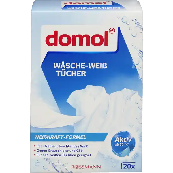 domol WscheWei Tcher: Цвет: https://www.rossmann.de/de/haushalt-domol-waesche-weiss-tuecher/p/4305615946511
Produktbeschreibung und details Freuen Sie sich auf strahlend weie Wsche  wie am ersten Tag Die domol WscheWei Tcher wirken dank ihrer Weikraftformel aktiv und zuverlssig gegen Grauschleier und Gilb auf weier Wsche Der in den Tchern gebundene Wirkstoff wird whrend des Waschgangs freigesetzt Bei regelmiger Anwendung lsst dieser Ihre vergrauten Textilien wie neu erstrahlen WeikraftFormel fr strahlend leuchtendes Wei gegen Grauschleier und Gilb fr alle weien Textilien geeignet geeignet fr alle Temperaturen ab C Kontaktdaten Dirk Rossmann GmbH Isernhgener Str   Burgwedel wwwrossmannde UrsprungslandHerkunftsort Deutschland Anwendung und Gebrauch Pflegehinweise der Textilhersteller beachten Gebrauchsanleitung der Gertehersteller beachten Waschmaschine mit weier Wsche befllen und Waschmittel normal dosieren  Tcher je nach Vergrauung zur weien Wsche geben und wie gewohnt waschen Anschlieend gebrauchtes Tuch im Hausmll entsorgen Gebrauch Aufbewahrung und Verwendung Aufbewahrungs und Verwendungsbedingungen Bitte trocken lagern Inhaltsstoffe optische Aufheller Warnhinweise und wichtige Hinweise Warnhinweise ACHTUNG Verursacht schwere Augenreizung Darf nicht in die Hnde von Kindern gelangen Nach Gebrauch Hnde grndlich waschen BEI KONTAKT MIT DEN AUGEN Einige Minuten lang behutsam mit Wasser splen Eventuell vorhandene Kontaktlinsen nach Mglichkeit entfernen Weiter splen Bei anhaltender Augenreizung rztlichen Rat einholenrztliche Hilfe hinzuziehen Nicht geeignet fr Textilien die mit Sonnenschutzmitteln in Kontakt kamen UVSchutz beinhalten sowie Wolle Seide beschichtete Textilien oder Leder Nicht fr die Handwsche geeignet Nicht fr die Krperpflege geeignet Der auf den Tchern gebundene Wirkstoff lsst diese vor der Anwendung gelb erscheinen Whrend des Waschgangs wird der Wirkstoff vollstndig gelst Detergenzienblatt Detergenzienblatt Laden Sie das Dokument zum Produkt als PDF herunter