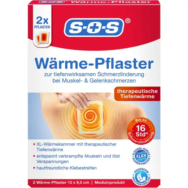 SOS WrmePflaster: Цвет: https://www.rossmann.de/de/gesundheit-sos-waerme-pflaster/p/4036581526178
Produktbeschreibung und details zur tiefenwirksamen Schmerzlinderung bei Muskeln ampamp Gelenkschmerzen XLWrmekammer mit therapeutischer Tiefenwrme entspannt verkrampfte Muskeln und lst Verspannungen NEU hautfreundliche Klebestreifen Aktivkohle und Eisenpulver erwrmt sich bei Kontakt mit Sauerstoff spendet mindestens  Stunden lang wohltuende sanfte natrliche und gleichmige Wrme ohne die Haut zu reizen fr Rcken und Schulterbereich Kontaktdaten DISTRICON GmbH Am Joseph  D Wehrheim wwwsosde   UrsprungslandHerkunftsort China Volksrepublik Anwendung und Gebrauch Die Haut an der Anwendungsstelle muss trocken und sauber sein Das Sachet mit der Hand ffnen nicht einschneiden und das WrmePflaster entnehmen Die Schutzfolie von der Rckseite des WrmePflaster abziehen und das WrmePflaster mit der Klebeseite auf der Haut ber der schmerzenden Stelle aufbringen Fr eine optimale Haftung drcken Sie das WrmePflaster am gewnschten Applikationsort fest an insbesondere an allen Ecken und Seiten Nach dem Gebrauch das WrmePflaster langsam abziehen Befolgen Sie die vollstndigen Anweisungen und Gegenanzeigen in der beiliegenden Gebrauchsinformation und berwachen Sie den Anwendungsbereich regelmig Inhaltsstoffe Eisen Aktivkohle Wasser Warnhinweise und wichtige Hinweise Warnhinweise Bei falscher Anwendung knnen WrmePflaster auch bei niedriger Temperatur zu Brandwunden fhren Um das Risiko der Bildung von Bandwunden zu vermindern Ermglichen Sie eine Luftzirkulation ber dem WrmePflaster und wenden Sie keinen Druck an beispielweise indem Sie enganliegende Kleidung ber dem WrmePflaster tragen Falls das WrmePflaster unangenehm hei wird ist die Anwendung des WrmePflasters sofort zu beenden Nicht whrend des Schafs verwenden Nach dem ffnen des Beutels wird das WrmePflaster innerhalb von  Minute aktiviert und erwrmt sich innerhalb von  Minuten Das WrmePflaster wird von der Luft aktiviert  das Sachet sollte daher erst geffnet werden wenn das WrmePflaster benutzt werden soll Konformittserklrung Konformittserklrung Laden Sie das Dokument zum Produkt als PDF herunter