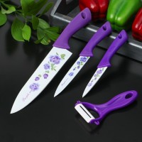 Набор кухонный,4 предмета: 3 ножа с антиналипающим покрытием, лезвие 8,5 см, 12 см, 20 см, овощечистка, цвет фиолетовый: 