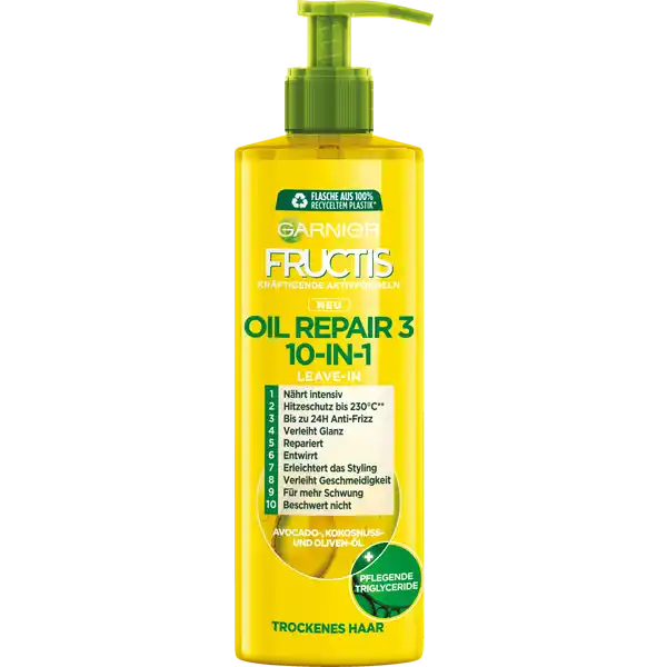 Garnier Fructis Oil Repair 3 10-in-1 Leave-In: Цвет: Produktbeschreibung und details Das Garnier Fructis Oil Repair  in LeaveIn schtzt trockenes Haar Mithilfe von Avocado und Kokosnuss und Olivenl nhrt es die Haare intensiv Das intensiv nhrende LeaveIn schtzt die Haare zudem vor Hitze bis zu  C Die kraftvollen Aktivformeln reparieren die Haare auerdem vom Ansatz bis in die Spitzen Pflegende Triglyceride beugen der tglichen Schdigung des Haars vor Trockene Haare glnzen schn werden entwirrt und repariert Die sanfte Formel beschwert die Haare nicht  fr sichtbar mehr Schwung Die Textur enthlt auerdem eine exklusive hochwirksame Kombination aus pflanzlichen Wirkstoffen Dadurch sieht trockenes Haar natrlich gepflegt und gesnder aus Kontaktdaten LORAL Deutschland GmbH  Geschftsbereich LOral Paris Johannstrae   Dsseldorf wwwgarnierde Anwendung und Gebrauch Das Garnier Fructis Oil Repair  in LeaveIn auf feuchtem oder trockenen Haar anwenden Das LeaveIn auf die Lngen und Spitzen auftragen und sanft einmassieren Inhaltsstoffe  A  INGREDIENTS AQUA  WATER  CETEARYL ALCOHOL  COCOS NUCIFERA OIL  COCONUT OIL  CETYL ALCOHOL  CETYL ESTERS  OLEA EUROPAEA FRUIT OIL  OLIVE FRUIT OIL  SACCHARUM OFFICINARUM EXTRACT  SUGARCANE EXTRACT  CAMELLIA SINENSIS LEAF EXTRACT  HELIANTHUS ANNUUS SEED OIL  SUNFLOWER SEED OIL  ROSMARINUS OFFICINALIS LEAF EXTRACT  ROSEMARY LEAF EXTRACT  PRUNUS AMYGDALUS DULCIS OIL  SWEET ALMOND OIL  CITRUS LIMON FRUIT EXTRACT  LEMON FRUIT EXTRACT  PERSEA GRATISSIMA OIL  AVOCADO OIL  PYRUS MALUS FRUIT EXTRACT  APPLE FRUIT EXTRACT  BUTYROSPERMUM PARKII BUTTER  SHEA BUTTER  DILAURYL THIODIPROPIONATE  NIACINAMIDE  LEUCONOSTOCRADISH ROOT FERMENT FILTRATE  TRIDECETH  AMODIMETHICONE  BEHENTRIMONIUM METHOSULFATE  SODIUM HYDROXIDE  PYRIDOXINE HCl  HYDROXYPROPYLTRIMONIUM LEMON PROTEIN  CAPRYLYL GLYCOL  CITRIC ACID  TOCOPHEROL  SALICYLIC ACID  PHENOXYETHANOL  CETRIMONIUM CHLORIDE  CI   YELLOW   CI   YELLOW   LINALOOL  COUMARIN  LIMONENE  PARFUM  FRAGRANCE FIL C Warnhinweise und wichtige Hinweise Warnhinweise Khl und trocken lagern Bei Kontakt mit den Augen grndlich mit Wasser aussplen
https://www.rossmann.de/de/pflege-und-duft-garnier-fructis-oil-repair-3-10-in-1-leave-in/p/3600542377201