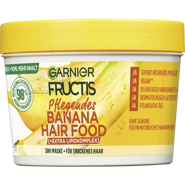 Garnier Fructis Pflegendes Banana Hair Food 3in1 Maske: Цвет: Produktbeschreibung und details Heihunger auf eine Haarpflege ohne Schnickschnack Das Garnier Fructis Pflegendes Banana Hair Food ist mehr als nur Haarpflege Es verwhnt trockenes Haar mit einer intensiven Pflege die auf drei verschiedene Arten angewendet werden kann Speziell fr trockenes Haar entwickelt verleiht die mit Banane angereicherte Formel dem Haar mehr Geschmeidigkeit Dabei lsst sich die cremige in Pflege je nach individuellen Bedrfnissen sowohl als Splung Maske oder als LeaveIn anwenden  ganz so wie es das Haar gerade braucht Die wunderbar leichte Textur des Hair Foods zieht sofort ein und pflegt hungriges Haar intensiv ohne es dabei zu beschweren Und das Beste Das Garnier Fructis Pflegendes Banana Hair Food ist vegan und besteht zu  aus Inhaltsstoffen natrlichen Ursprungs vegan dermatologisch getestet pflanzliche le vegane Formel ohne Inhaltsstoffe tierischen Ursprungs Kontaktdaten LORAL Deutschland GmbH  Geschftsbereich LOral Paris Johannstrae   Dsseldorf wwwgarnierde Anwendung und Gebrauch Drei Anwendungen  ein Produkt Als Splung Das Garnier Fructis Pflegendes Bananen Hair Food auf das nasse Haar auftragen und grndlich aussplen Das entwirrt und pflegt das Haar ohne es zu beschweren Als Maske Die Creme auf das nasse Haar auftragen  Minuten einwirken lassen und grndlich aussplen um das Haar vollstndig zu pflegen und widerspenstiges Haar zu bndigen Als LeaveIn Auf feuchtem oder trockenem Haar anwenden Dafr eine kleine Menge in die Lngen geben um das Haar zu pflegen So ist es lnger weich und geschmeidig Gebrauch Aufbewahrung und Verwendung Aufbewahrungs und Verwendungsbedingungen Auerhalb der Reichweite von Kindern aufbewahren Inhaltsstoffe AQUA  WATER  CETEARYL ALCOHOL  GLYCERIN  ISOPROPYL MYRISTATE  STEARAMIDOPROPYL DIMETHYLAMINE  BUTYROSPERMUM PARKII BUTTER  SHEA BUTTER  OLEA EUROPAEA OIL  OLIVE FRUIT OIL  MUSA PARADISIACA FRUIT JUICE  BANANA FRUIT JUICE  GLYCINE SOJA OIL  SOYBEAN OIL  SODIUM HYDROXIDE  HELIANTHUS ANNUUS SEED OIL  SUNFLOWER SEED OIL  ROSMARINUS OFFICINALIS LEAF EXTRACT  ROSEMARY LEAF EXTRACT  COCOCAPRYLATECAPRATE  COCOS NUCIFERA OIL  COCONUT OIL  HYDROXYPROPYL GUAR HYDROXYPROPYLTRIMONIUM CHLORIDE  CAPRYLYL GLYCOL  CITRIC ACID  PERSEA GRATISSIMA OIL  AVOCADO OIL  LACTIC ACID  TARTARIC ACID  CETYL ESTERS  TOCOPHEROL  POTASSIUM SORBATE  SODIUM BENZOATE  SALICYLIC ACID  CARAMEL  LINALOOL  EUGENOL  COUMARIN  BENZYL ALCOHOL  PARFUM  FRAGRANCE FIL C Warnhinweise und wichtige Hinweise Warnhinweise Nicht schlucken Nicht fr Kinder unter  Jahren verwenden Bei Kontakt mit den Augen diese sofort grndlich aussplen
https://www.rossmann.de/de/pflege-und-duft-garnier-fructis-pflegendes-banana-hair-food-3in1-maske/p/3600542511070