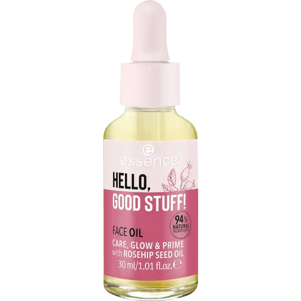 essence HELLO, GOOD STUFF! FACE OIL: Цвет: Produktbeschreibung und details Skin Care mit GlowGarantie Das HELLO GOOD STUFF FACE OIL spendet dank des enthaltenen Rosehip Oils intensiv Feuchtigkeit pflegt und regeneriert Durch einen Anteil von zwei Prozent Squalan sorgt das HELLO GOOD STUFF FACE OIL auerdem fr ein zartes und weiches Hautgefhl Das multifunktionale l eignet sich ideal als Teil der Skin Care Routine fr alle Hauttypen oder als Primer Kontaktdaten cosnova GmbH Am Limespark  D Sulzbach am Taunus  UrsprungslandHerkunftsort sterreich Anwendung und Gebrauch Damit Gesichtsl seine pflegende Wirkung am besten entfalten kann sollte das Gesicht vor der Anwendung grndlich gereinigt werden Das Gesichtsl kann entweder pur auf die Haut aufgetragen und einmassiert oder ein paar Tropfen in die Tagespflege gemischt werden Inhaltsstoffe GLYCINE SOJA SOYBEAN OIL ETHYLHEXYL STEARATE CAPRYLICCAPRIC TRIGLYCERIDE SQUALANE COCONUT ALKANES PARFUM FRAGRANCE TOCOPHEROL HELIANTHUS ANNUUS SUNFLOWER SEED OIL ROSA CANINA SEED OIL COCOCAPRYLATECAPRATE
https://www.rossmann.de/de/make-up-essence-hello-good-stuff-face-oil/p/4059729302991