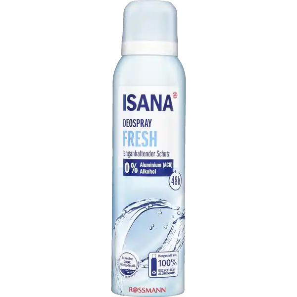 ISANA Deospray Fresh: Цвет: Produktbeschreibung und details  Aluminium ACH ampamp Alkohol langanhaltender Schutz h diese Rezeptur ist zu   ohne Mikroplastik hergestellt aus   recyceltem Aluminium Dose ohne Sprhkopf Kontaktdaten Dirk Rossmann GmbH Isernhgener Str  DE Burgwedel wwwrossmannde  UrsprungslandHerkunftsort EU Testurteile Qualittssiegel ampamp Verbandszeichen Anwendung und Gebrauch Aus  cm Entfernung unter die Achseln sprhen und kurz einwirken lassen Inhaltsstoffe Butane Propane Ethylhexyl Stearate Isobutane C Alkyl Benzoate Parfum Ethylhexylglycerin Phenoxyethanol Aloe Barbadensis Extract Tocopherol CaprylicCapric Triglyceride Polyglyceryl Caprylate Warnhinweise und wichtige Hinweise Warnhinweise GEFAHR Extrem entzndbares Aerosol Behlter steht unter Druck Kann bei Erwrmung bersten Von Hitze heien Oberflchen Funken offenen Flammen und anderen Zndquellen fernhalten Nicht rauchen Nicht gegen offene Flamme oder andere Zndquelle sprhen Nicht durchstechen oder verbrennen auch nicht nach Gebrauch Vor Sonnenbestrahlung schtzen Nicht Temperaturen ber  C aussetzen Darf nicht in die Hnde von Kindern gelangen Einatmen und Augenkontakt vermeiden
https://www.rossmann.de/de/pflege-und-duft-isana-deospray-fresh/p/4305615610467