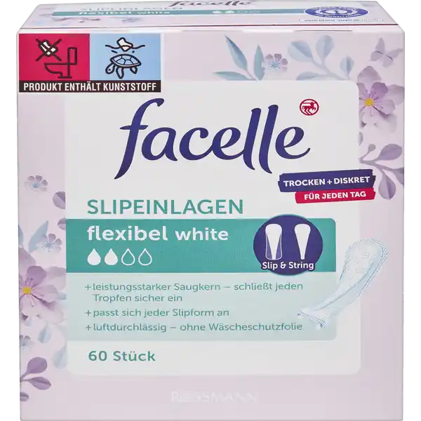 facelle Slipeinlagen flexibel WHITE: Цвет: Produktbeschreibung und details luftdurchlssig  ohne Wscheschutzfolie leistungsstarker Saugkern  schliet jeden Tropfen sicher ein sasst sich jeder Slipform an sesondersweiches Oberflchenvlies perfekter Sitz und sicherer Halt sichere Geruchtsneutralisierun ohne Duftstoffe Mae Lnge  Millimeter Breite  Millimeter Dicke  Millimeter Kontaktdaten Dirk Rossmann GmbH Isernhgener Strae   Burgwedel wwwrossmannde UrsprungslandHerkunftsort Deutschland Testurteile Qualittssiegel ampamp Verbandszeichen
https://www.rossmann.de/de/pflege-und-duft-facelle-slipeinlagen-flexibel-white/p/4305615467306