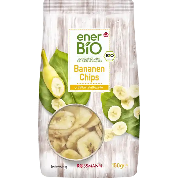 enerBiO Bananen Chips: Цвет: Produktbeschreibung und details  Gramm getrocknetes Glck Leckere Frchtchen liegen uns allen besonders am Herzen Deshalb stillen unsere enerBiO Bananenchips mit viel tropischer Fruchtliebe Ihren unstillbaren Hunger nach dem gelben Bananenglck Die knusprigfruchtigen Chips werden zunchst liebevoll getrocknet und mit Honig und Rohrohrzucker gest  und sind immer schnell in der Hand und im Mund eignen sich aber ebenfalls fr Mslis Desserts oder exotische Sspeisen Alle Produkte unserer ROSSMANNMarke enerBiO stammen aus kontrolliert biologischem Anbau Durch eine schonende sorgfltige Verarbeitung erhalten wir hierbei sowohl die Hochwertigkeit als auch den natrlichen Geschmack Zudem lassen wir unsere Produkte regelmig durch unabhngige Institute berprfen  so gewhrleisten wir eine gleichbleibende Qualitt glutenfrei von Natur aus glutenfrei Lebensmittelunternehmer Name Dirk Rossmann GmbH Adresse Isernhgener Strae   Burgwedel wwwrossmannde   Bio Zertifikat DEKO UrsprungslandHerkunftsort NichtEULandwirtschaft Testurteile Qualittssiegel ampamp Verbandszeichen Rechtlich vorgeschriebene Produktbezeichnung Bio Bananenchips gest und frittiert Zutaten Bananenchips  Bananenscheiben  Kokosl  Rohrohrzucker  Honig aus kontrolliert biologischem Anbau von Natur aus vegan Kann Spuren von SCHALENFRCHTEN SESAM SOJA und LUPINEN enthalten Nhrwerte Durchschnittliche Nhrwertangaben pro  g Energie  kj   kcal Fett  g davon  gesttigte Fettsuren  g Kohlenhydrate  g davon  Zucker  g Ballaststoffe  g Eiwei  g Salz  g Gebrauch Aufbewahrung und Verwendung Aufbewahrungs und Verwendungsbedingungen Trocken lagern und vor Wrme schtzen
https://www.rossmann.de/de/lebensmittel-enerbio-bananen-chips/p/4305615678474