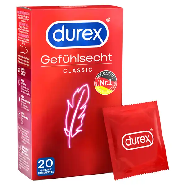 Durex Gefhlsecht Classic Kondome: Цвет: Produktbeschreibung und details Die Gefhlsecht Classic Kondome sind dnn fr intensives Empfinden und durch ihre anatomische Passform haben sie einen besonders komfortablen Sitz Dank des Herstellungsverfahrens riechen die Kondome auerdem angenehm Die Durex Gefhlsecht Classic Kondome sind die meistgekauften Kondome Deutschlands Kennst du deine nominale Breite Damit ihr auch immer gut geschtzt seid ist es wichtig die richtige Kondomgre zu verwenden Ein zu groes Kondom kann abrutschen ein zu kleines Kondom kann platzen Denn jeder Mensch ist anders aber ein Kondom sollte fr alle stets bequem und vor allem sicher sein Die Durex Gefhlsecht Classic Kondome haben eine nominale Breite von  mm eine glatte anatomische Form mit Reservoir sind transparent und mit Silikongleitgel befeuchtet Sofort startklar Sie sorgen dafr dass jedes Kondom in jeder einzelnen Folie immer gleich herum liegt Dabei dient das Durex Logo auf der Folie als Orientierung Damit du also das Kondom immer direkt richtig herum aus der Folie nimmst halte die Folie beim ffnen mit dem Durex Logo nach unten und entnimm das Kondom Durex  DIE KONDOMMARKE NR Sie stehen fr echten sich gut anfhlenden und befriedigenden Sex  berall und zu jeder Zeit Deshalb vertrauen ihnen Millionen Konsumenten weltweit jeden Tag seit ber  Jahren Also wie auch immer du heute noch Sex haben willst denke an den richtigen Schutz  hauchzarte Kondome aus Naturkautschuklatex fr intensives Empfinden glatte anatomische Passform mit Reservoir nominale Breite  mm transparent und befeuchtet mit Silikongleitgel dermatologisch getestet und   elektronisch geprft damit du das Kondom immer gleich richtig herum aus der Folie nimmst halte die Folie beim ffnen mit dem Durex Logo nach unten Kontaktdaten Reckitt Benckiser Deutschland GmbH Darwinstr   Heidelberg Anwendung und Gebrauch Bitte die Anwendungshinweise auf der Packung vor der Verwendung sorgfltig durchlesen Damit du jetzt das Kondom immer gleich richtig herum aus der Folie nimmst halte die Folie beim ffnen mit dem Durex Logo nach unten Alle Durex Kondome knnen zusammen mit Durex Gleitgelen verwendet werden  das Gel wird einfach auen auf das bereits angelegte Kondom aufgetragen Gebrauch Aufbewahrung und Verwendung Aufbewahrungs und Verwendungsbedingungen Khl ampamp trocken lagern vor direkter Sonneneinstrahlung schtzen Inhaltsstoffe Naturkautschuklatex Warnhinweise und wichtige Hinweise Warnhinweise Bitte beachte die Informationen auf der Innenseite dieser Packung insbesondere wenn du Kondome fr Anal oder Oralsex benutzt Denke daran dass keine Verhtungsmethode zu   vor Schwangerschaft HIV oder sexuell bertragbaren Krankheiten schtzt Auerhalb der Reichweite von Kindern aufbewahren
https://www.rossmann.de/de/gesundheit-durex-gefuehlsecht-classic-kondome/p/4002448154891