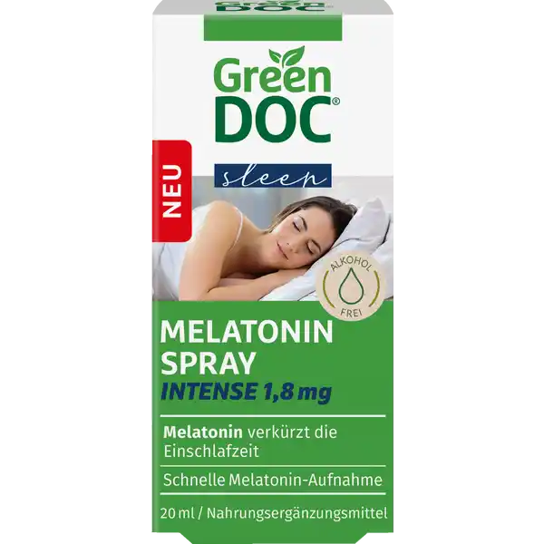 GreenDoc Melatonin Spray Intense 1,8 mg: Цвет: https://www.rossmann.de/de/gesundheit-greendoc-melatonin-spray-intense-18-mg/p/4036581536962
Produktbeschreibung und details Melatonin trgt dazu bei die Einschlafzeit zu verkrzen Die positive Wirkung stellt sich bei einer Einnahme von mg Melatonin kurz vor dem Schlafengehen ein Melatonin trgt zur Linderung des subjektiven JetlagsEmpfindens bei Die positive Wirkung stellt sich bei der Einnahme von mindestens  mg Melatonin am ersten Reisetag kurz vor dem Schlafengehen sowie an den ersten Tagen nach Ankunft am Zielort ein Das GreenDoc Melatonin Spray Intense enthlt pro maximaler Tagesdosierung  mg des natrlichen SchlafHormons das dir hilft die Einschlafzeit zureduzieren Das hochdosierte Spray ist alkoholfrei und schmeckt angenehmnach Zitrone natrliches Aroma Melatonin verkrzt die Einschlafzeit schnelle MelatoninAufnahme vegan alkoholfrei gluten laktose und zuckerfrei Kontaktdaten Districon GmbH BessieColemanStrae  D Frankfurt wwwgreendocde UrsprungslandHerkunftsort Deutschland Zutaten Feuchthaltemittel Glycerol Wasser Melatonin Suerungsmittel Citronensure Konservierungsstoff Kaliumsorbat Aroma Anwendung und Gebrauch Vor jedem Gebrauch gut schtteln Vor dem ersten Gebrauch mal pumpen damit die Flssigkeit in den Sprhkopf gelangt Vor dem Schlafengehen  Sprhste direkt in den Mund geben Nach jedem Gebrauch den Sprhkopf mit Wasser reinigen Gebrauch Aufbewahrung und Verwendung Aufbewahrungs und Verwendungsbedingungen Auerhalb der Reichweite kleiner Kinder lagern Unter C trocken und vor Licht geschtzt aufbewahren Nach Anbruch innerhalb von  Monaten aufbrauchen Warnhinweise und wichtige Hinweise Warnhinweise Eine Anwendung bei Schwangeren Stillenden und Kindern und eine Einnahme ber einen lngeren Zeitraum wird nicht empfohlen Bitte wenden Sie sich bei Fragen an Ihren Arzt Nahrungsergnzungsmittel sollten nicht als Ersatz fr eine abwechslungsreiche und ausgewogene Ernhrung sowie eine gesunde Lebensweise dienen Die empfohlene tgliche Verzehrmenge darf nicht berschritten werden